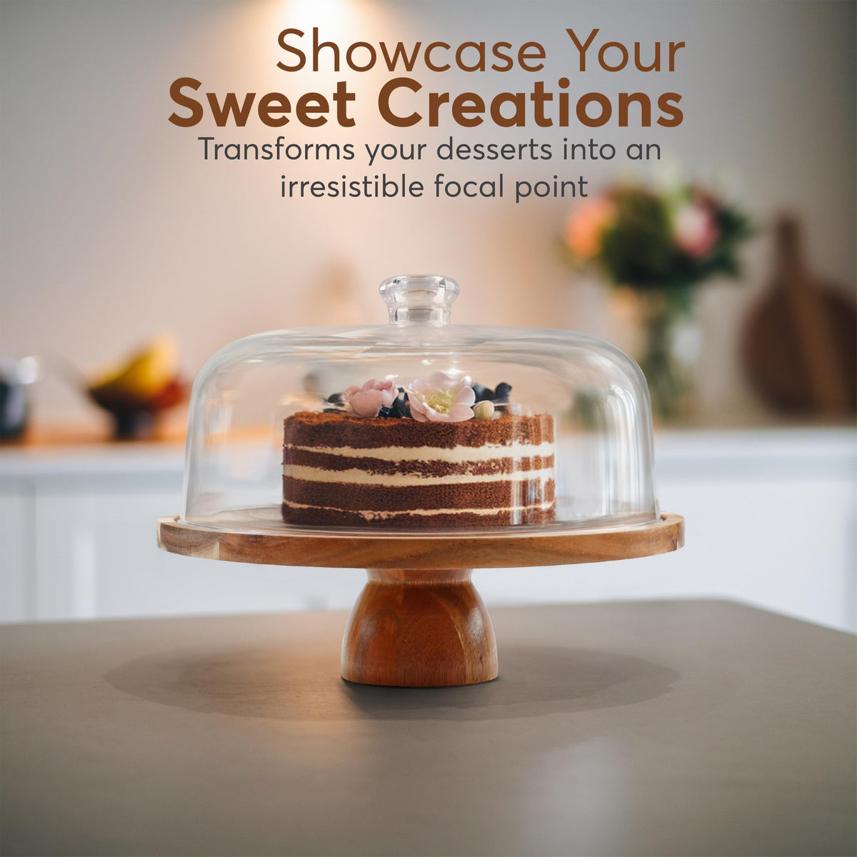 BreezyHome 2-in-1 Acacia Wood Cake Stand with Lid, Cake Stand with Acrylic Dome Light Weight, Strudy & Well Polished, Cake Plate with Lid for Parties, Weddings, and Everyday Use, Cake Display Stand with Lid