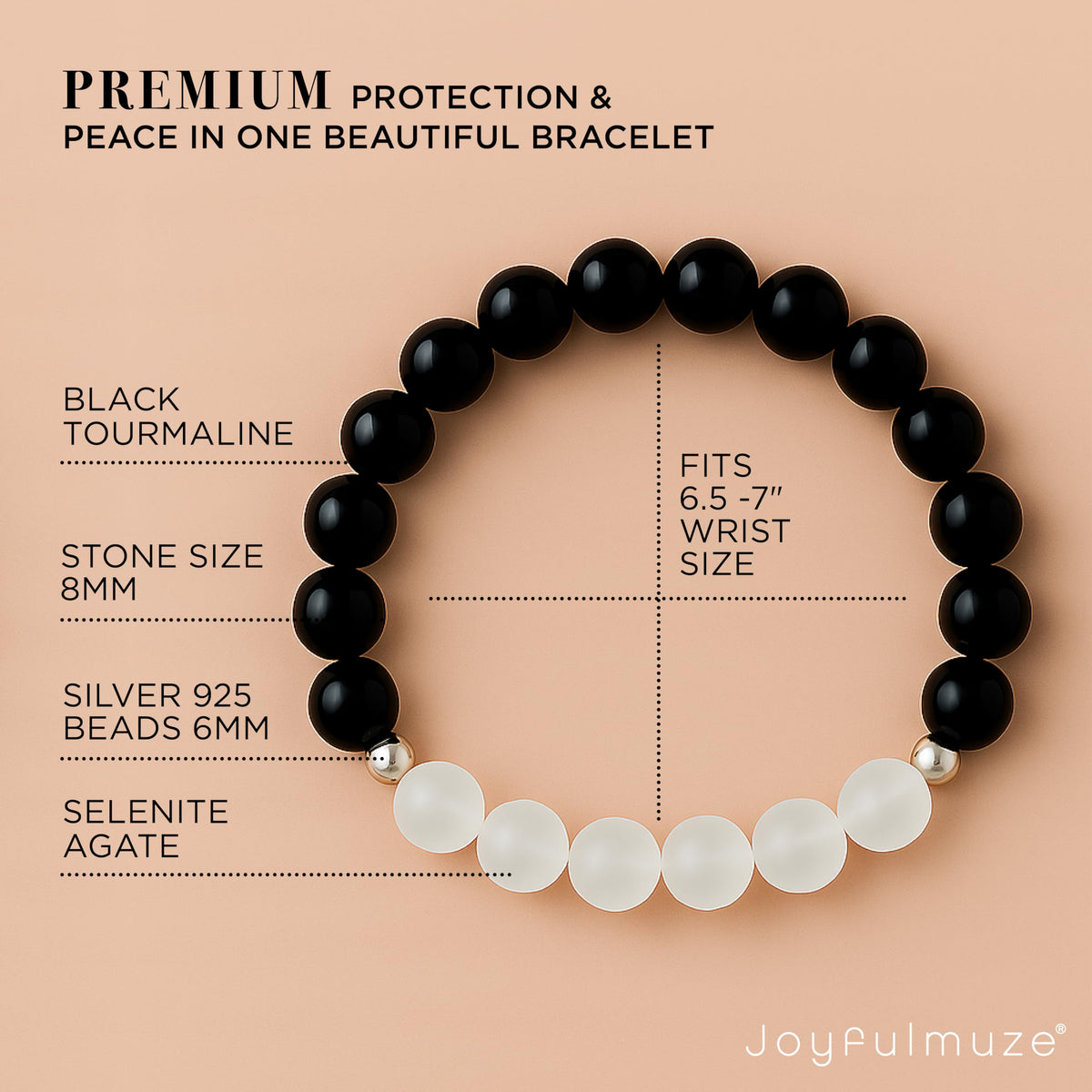 Joyfulmuze Black Tourmaline Selenite Bracelet, Handmade Stretch Jewelry, Natural Calming Crystals, Simple Genuine Chakra Energy Bracelet, Gifts for Women and Man, 8mm