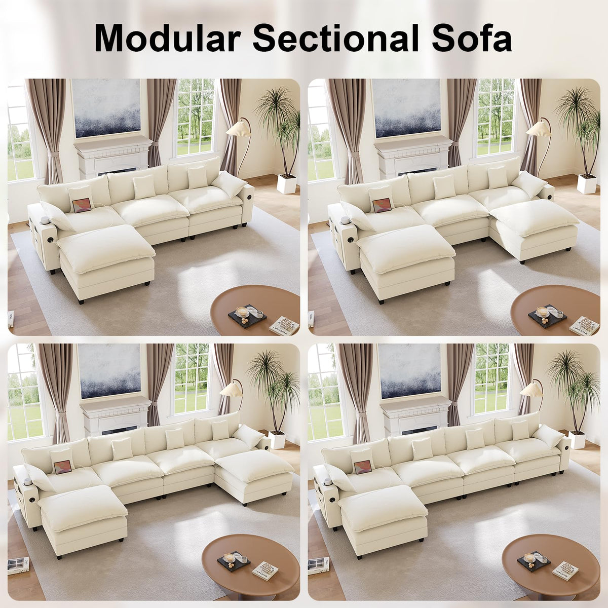 KCGKCG 116" Modular Sectional Sofa, U Shaped Cloud Couch with Movable Ottoman, Chenille Deep Seat Cloud Sofa with Charging Station, Cup Holder, Side Pocket, Sectional Couches for Living Room, Beige