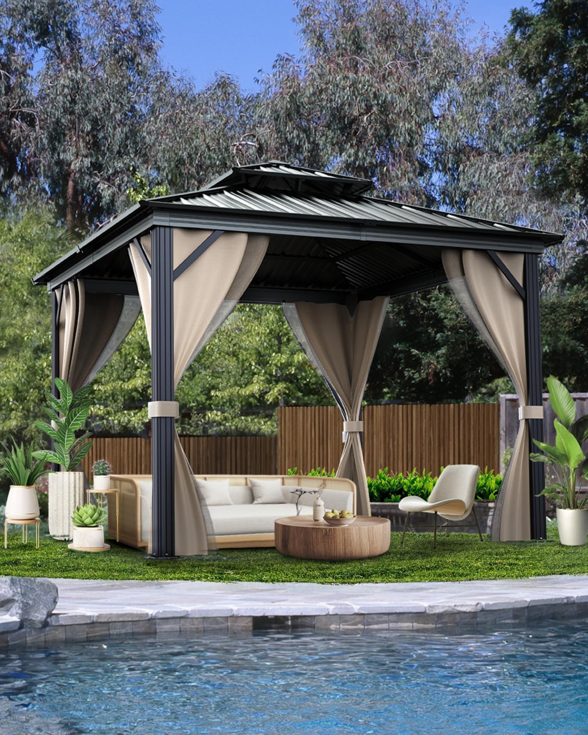 12'X12' Hardtop Gazebo, Galvanized Steel Aluminum Frame with Double Roof, Heavy-Duty Outdoor Patio Gazebo with Curtains & Netting for Backyard, Deck, Porch, Garden, Lawn, Khaki