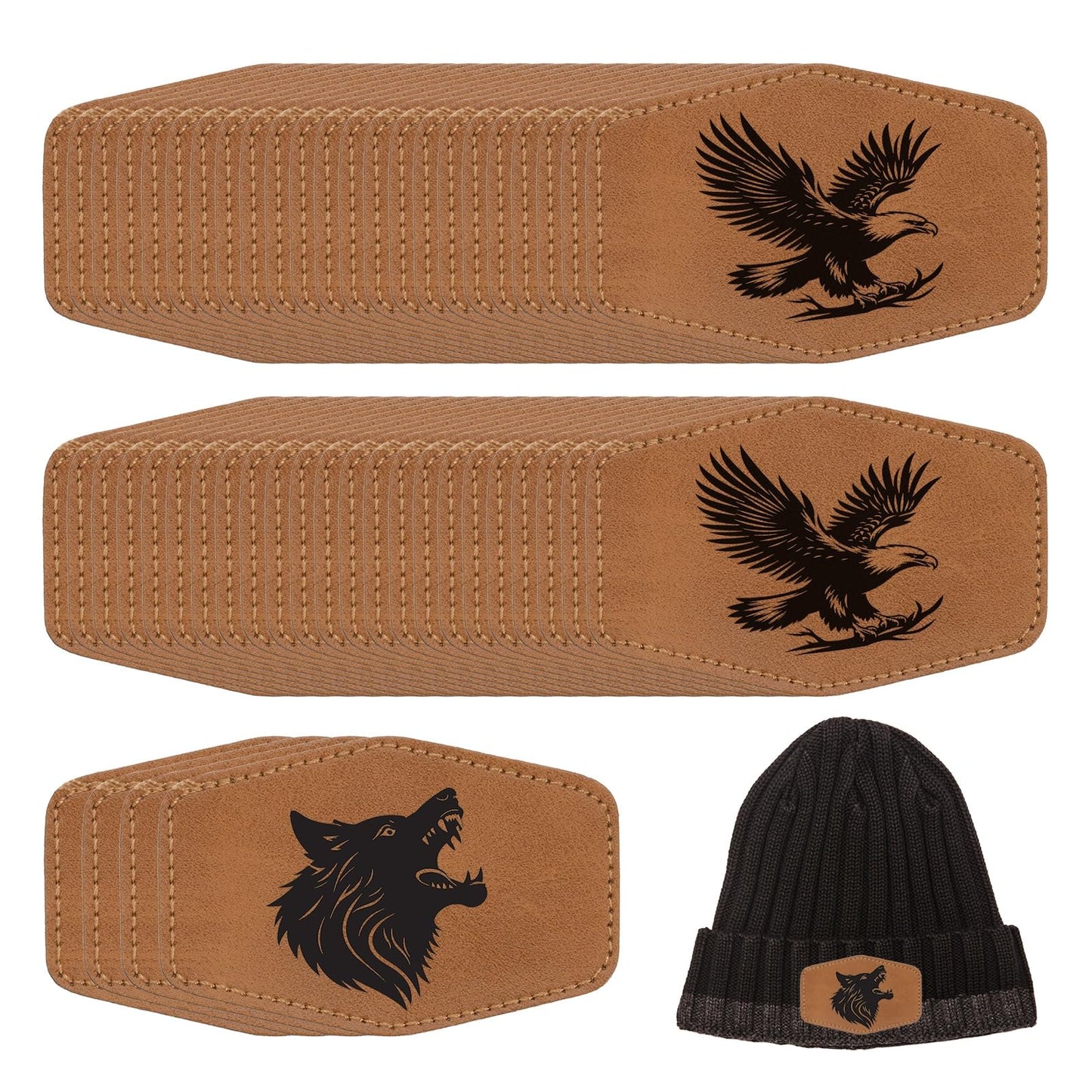 MECCANIXITY 60 Pcs Blank Leather Hat Patches, Laser Engraving Iron-on Hexagon Laserable Rustic Leatherette Patch for Hats Cap, Brown 2.99x1.97Inch