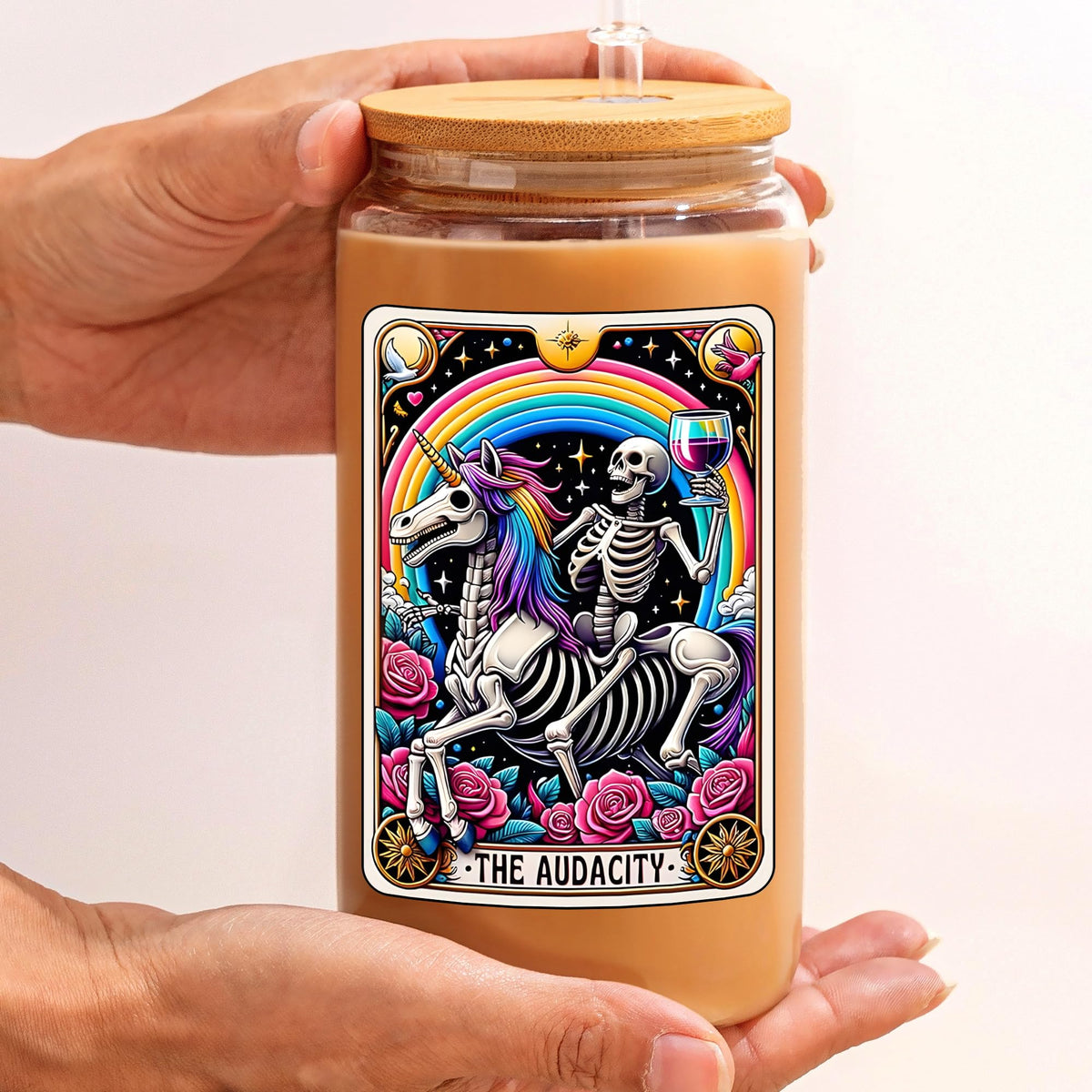 KERAOO 16oz The Audacity Coffee Cup with Lid Straw, Halloween Skull Aesthetic Glass Can, Sarcastic Skeleton Glass Cup, Gift Idea for Tarot Lovers Women Sister Friends (The Audacity)