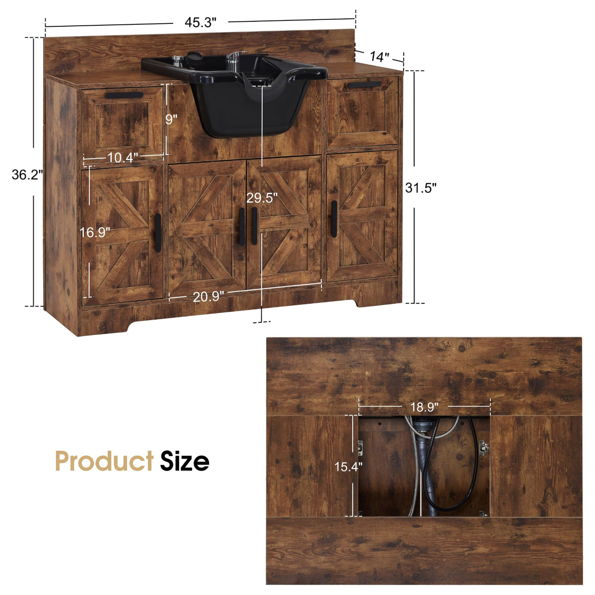 BarberPub Portable Shampoo Station, Shampoo Bowl with Cabinet & Drawer, Salon Geometric Finish Station with Sprayer Faucet, Barber Storage Equipment with Hair Wash Backwash Sink 3439 (Rust Brown)
