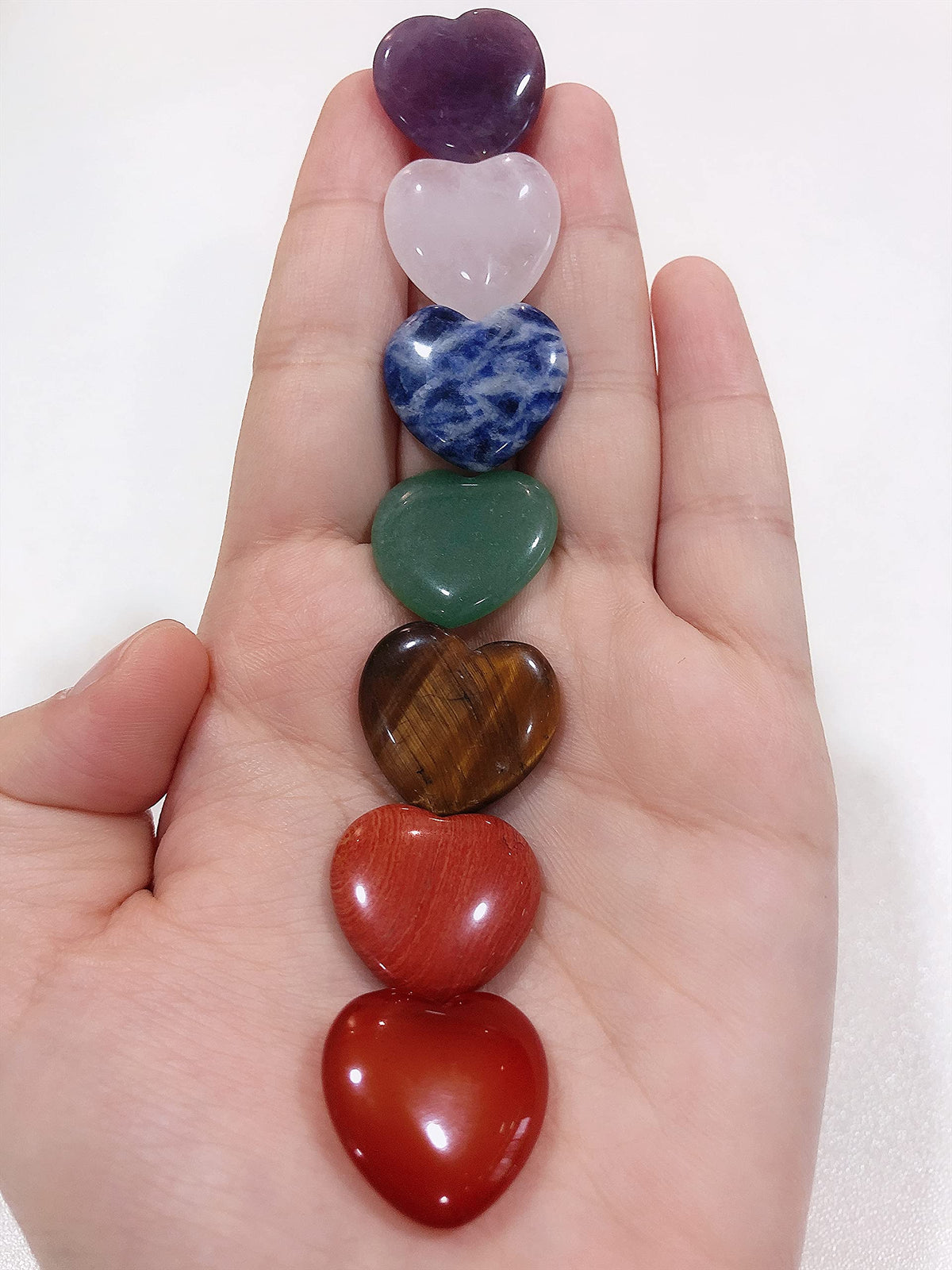 YATOJUZI 7 Chakra Natural Heart Healing Crystals Rose Quartz Amethyst Heart Love Stones Set Bulk Polished Pocket Palm Thumb Gemstones Chakra Reiki Balancing 0.8 inches