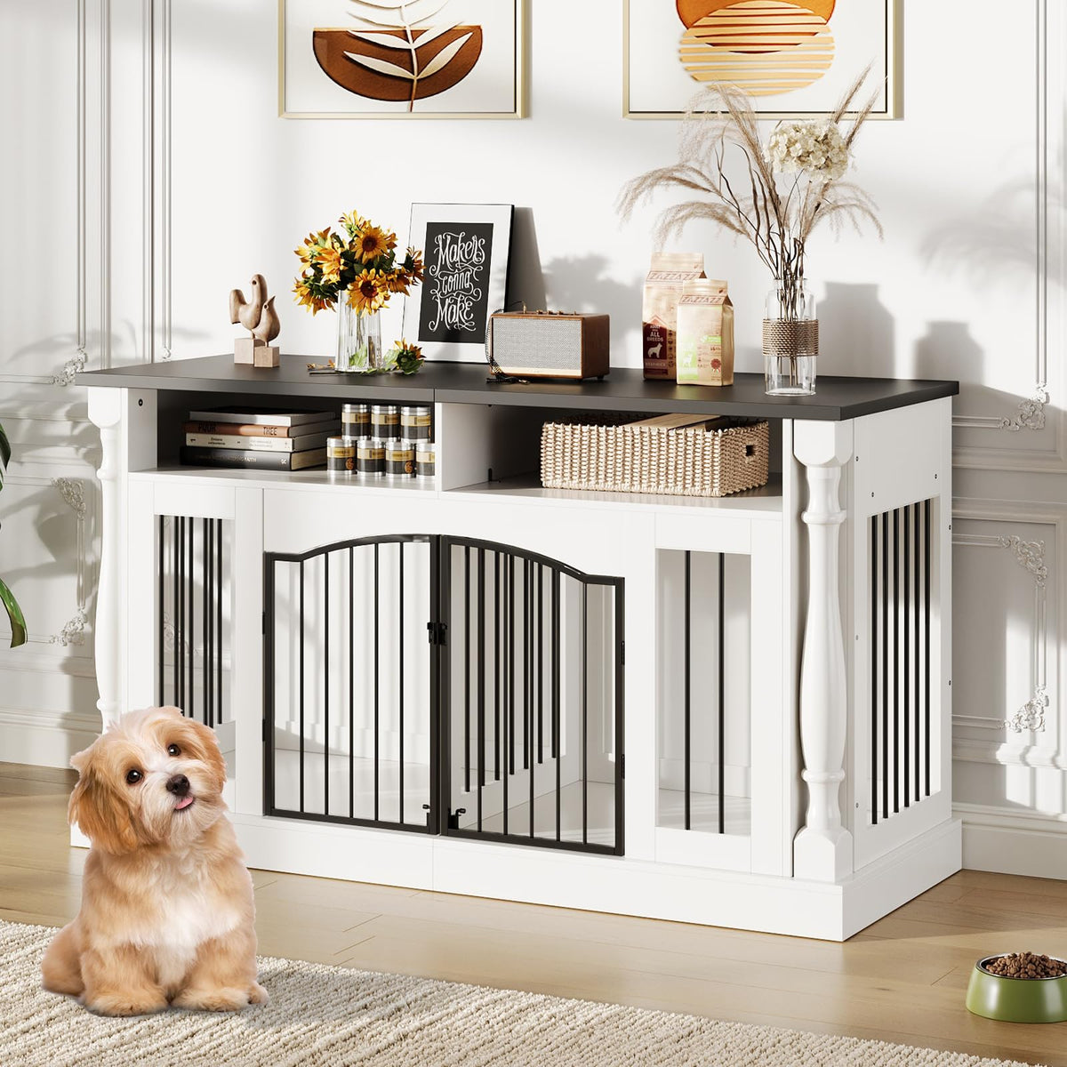 63 Inch Double Dog Crate TV Stand, Heavy Duty Wooden Dog Crate Furniture for 2 Dogs, Dog Kennel Indoor Furniture Ideal for 2 Dogs