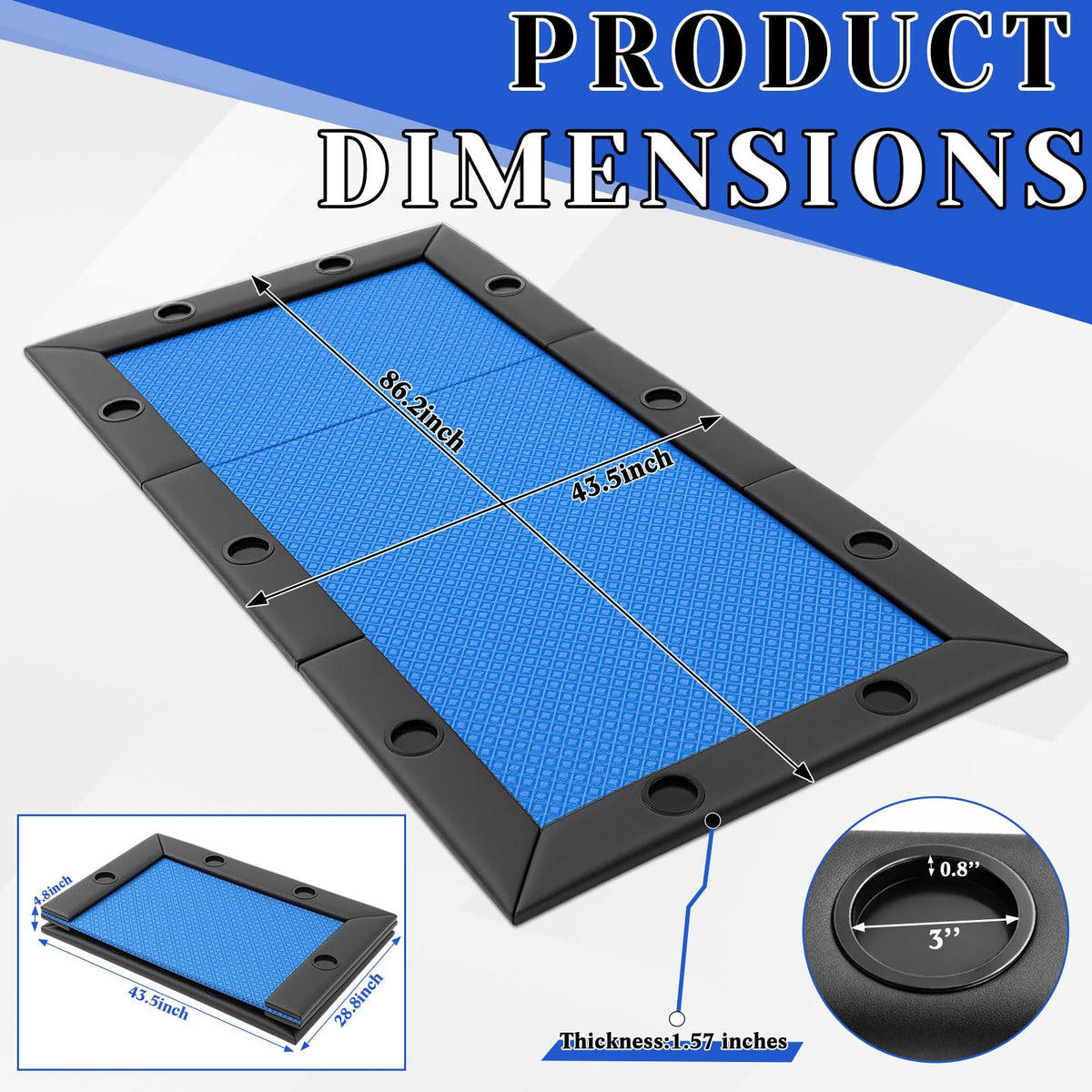 Hillsuren 86.2" x 43.5" Poker Table Tops for 8 Feet Pool Tables 10 Player Poker Table Game Billiard Pool Convertible Cover Mat Waterproof and Foldable, Blue