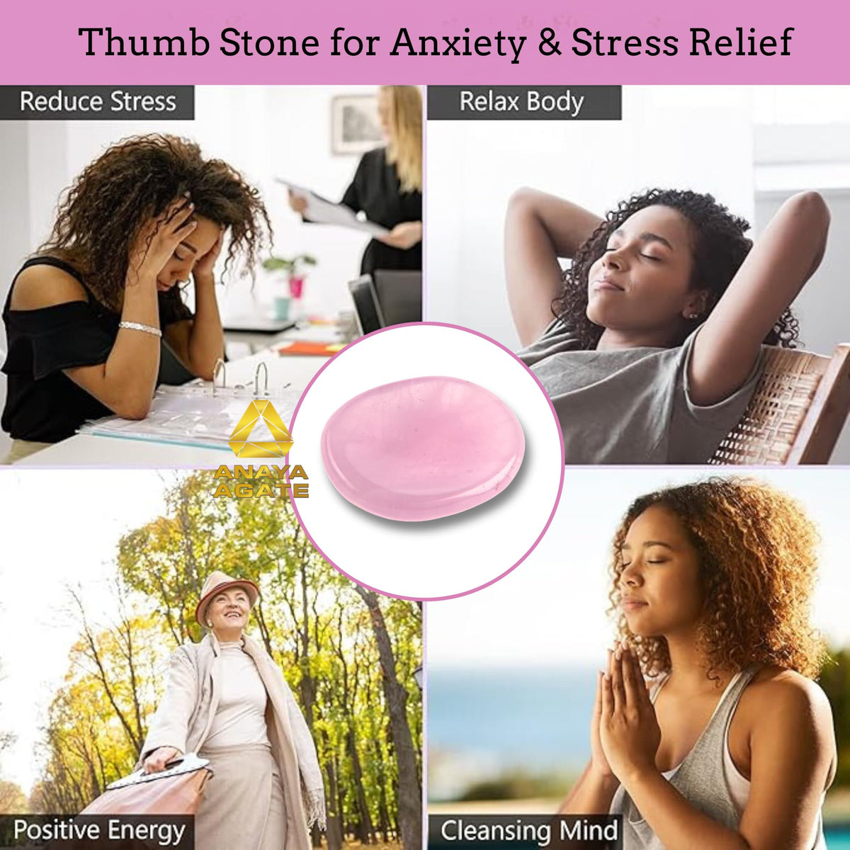 Anaya Agate Rose Quartz Worry Stones Certified Crystal Thumb Worry Stone for Anguish, Relaxing and Soothing Balance Stones for Meditation, Stress Relief Crystals and Healing Stones for Men, Women