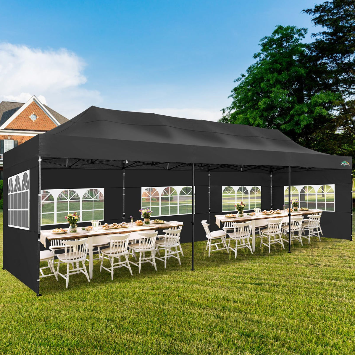 COBIZI 10x30 Pop up Canopy with 8 Removeable Sidewalls, Heavy Duty Party Tents for Parties, Events and Weddings, UPF 50+ Waterproof Commercial Tent with Roller Bag, Black (Windproof Upgraded)