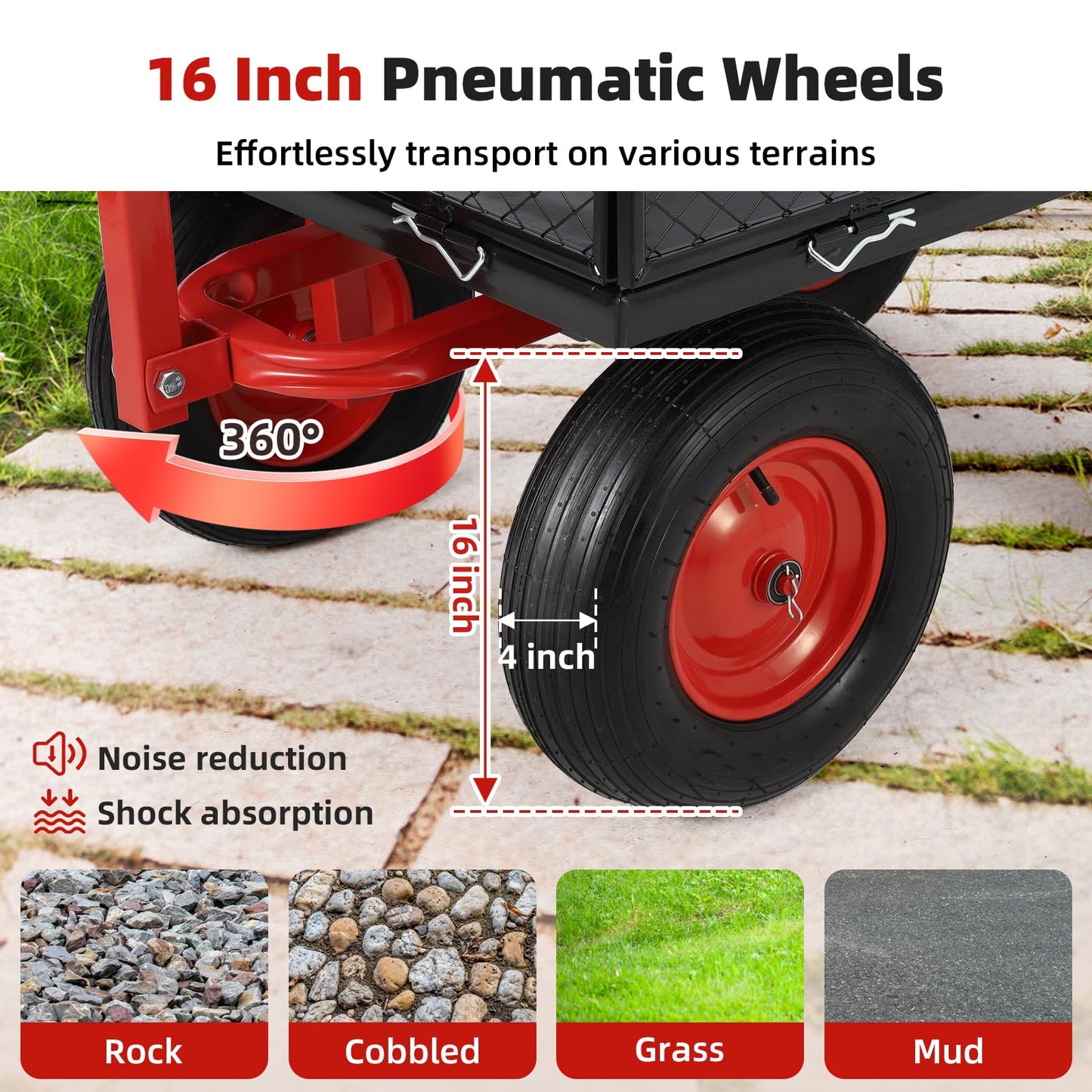 1400 lbs Steel Garden Cart, Heavy Duty Metal Yard Utility Wagon with Removable Mesh Sides, 2-in-1 180° Rotating Handle and 16 inch Wheels, Steel Utility Wagon Perfect for Garden, Farm, Yard