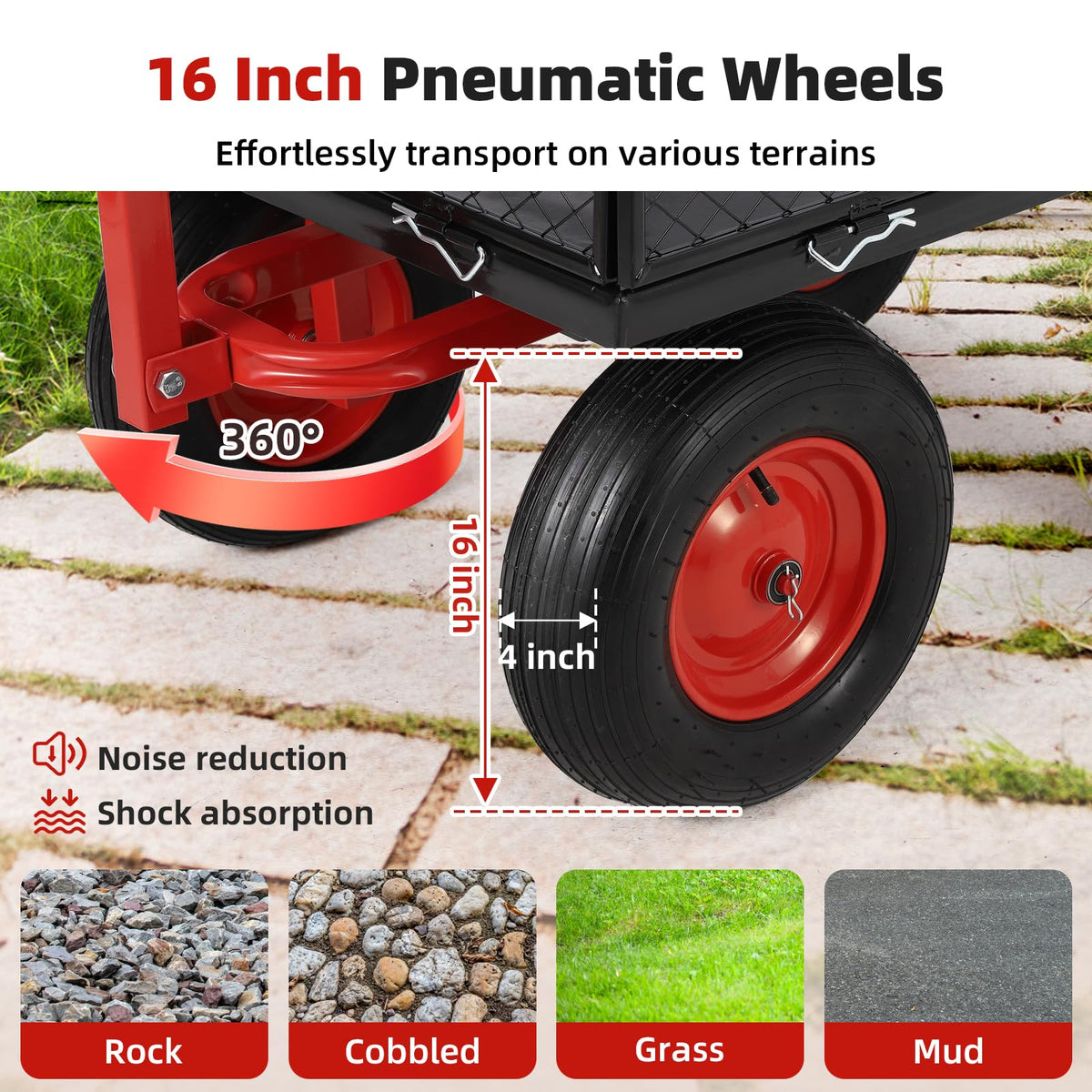 Garden Cart Steel Heavy Duty 1,400 LBS Yard and Garden Wagon with 16 Inch Tire and Adjustable Handle, Attach to ATV or Tractor, Black & Red