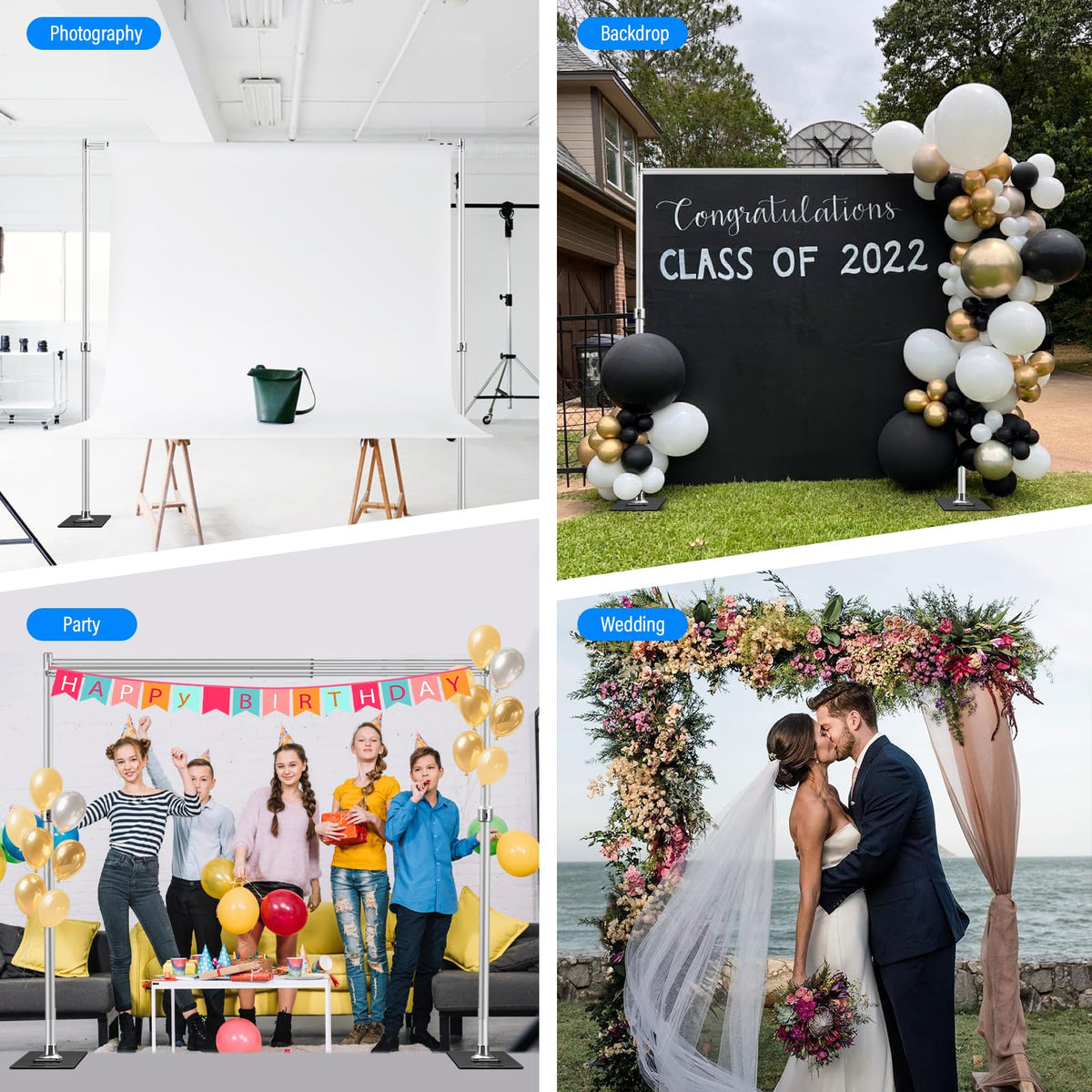 soonpho Pipe and Drape Backdrop Stand, Double Heavy Duty Backdrop Stand Adjustable Telescopic Metal Frame with Wide Flat Bases for Stability for Wedding, Photo Booth, Party & Event Decorations