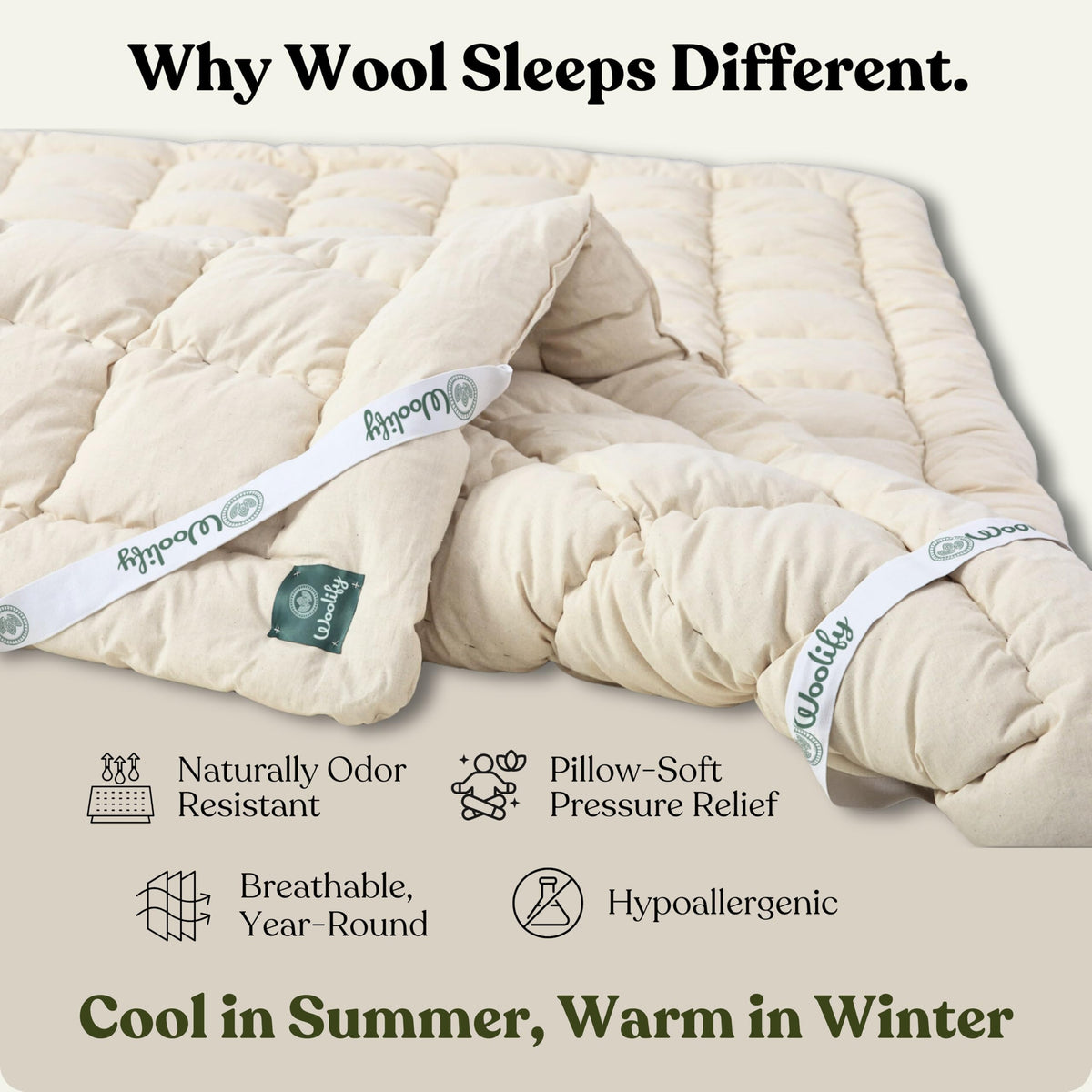 Woolify Organic Merino Wool Mattress Topper 1650 GSM - Pillow Top Mattress Pad, Handmade, Non-Toxic, Cooling and Hypoallergenic Wool Topper for Back Pain Relief (Twin XL)