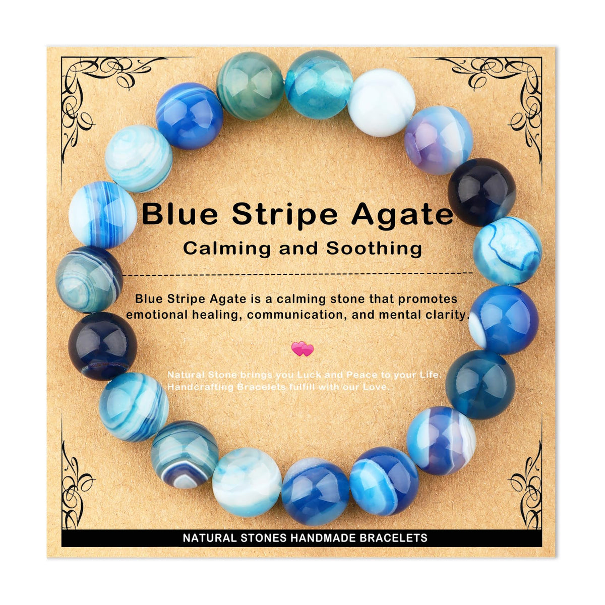 AD Beads 10mm Handmade Blue Stripe Agate Elastic Bracelet – Natural Gemstone for Calming and Soothing – Meditation, Yoga, Healing and Energy Gift for Men Women