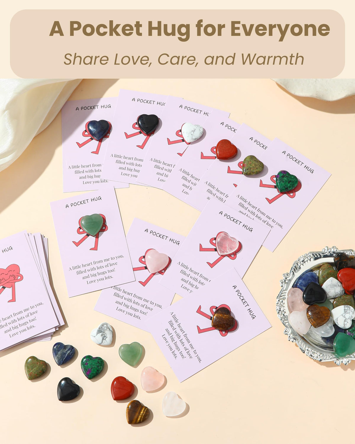 QianCannaor Pocket Hug Bulk Heart Stones - 30 Sets Natural Healing Gemstones with Greeting Cards - Bulk Valentines Day Gifts for Adults, Ladies, College Students, Friends - Thinking of You Anxiety Relief Keepsake