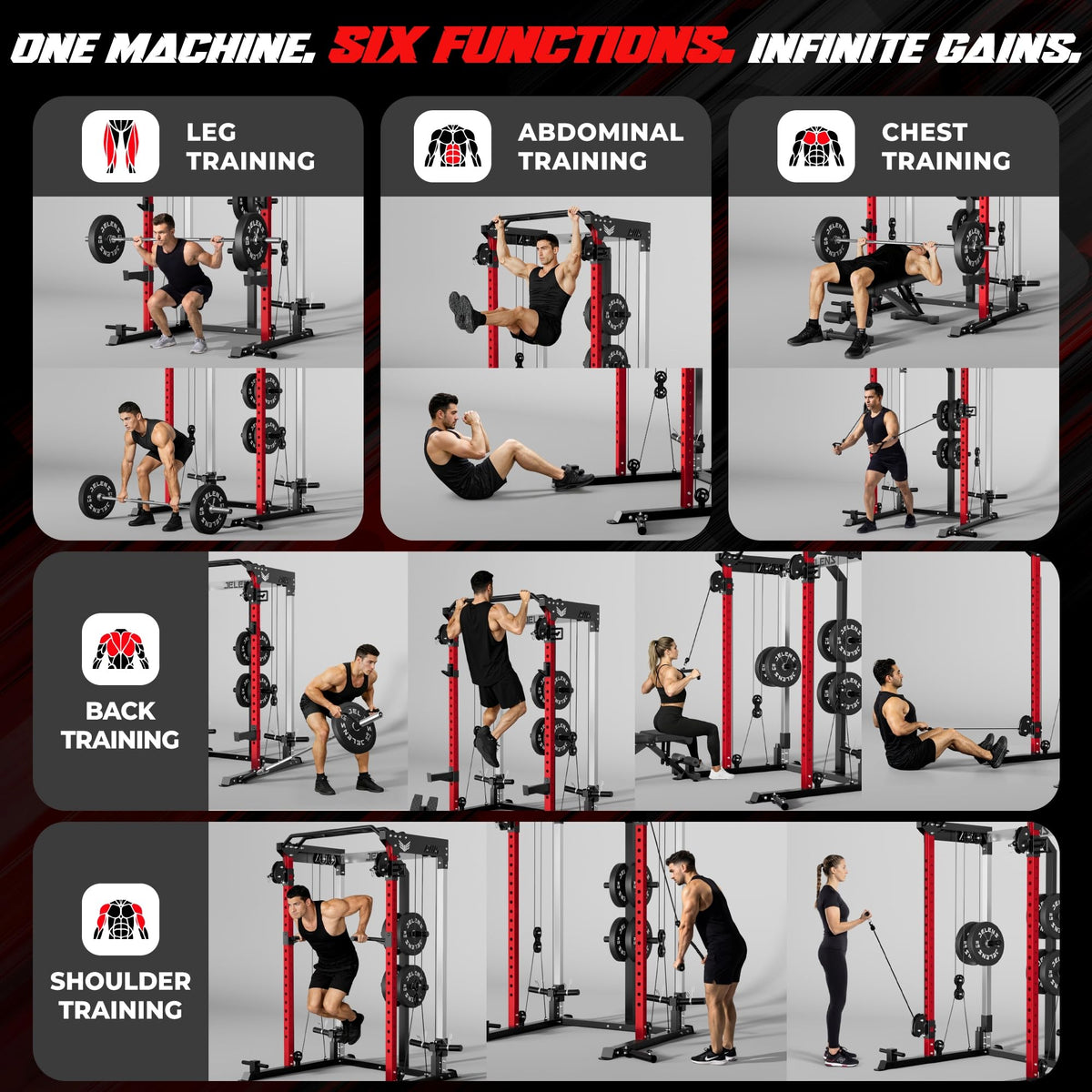 JELENS C21 Power Cage, 2000LBS Multi-Function Power Rack with Independent Dual Pulley System, All-in-One Squat Rack for Cable Crossover, Home Gym Workout Machine (Red, C21 Power Cage (Home Gym))
