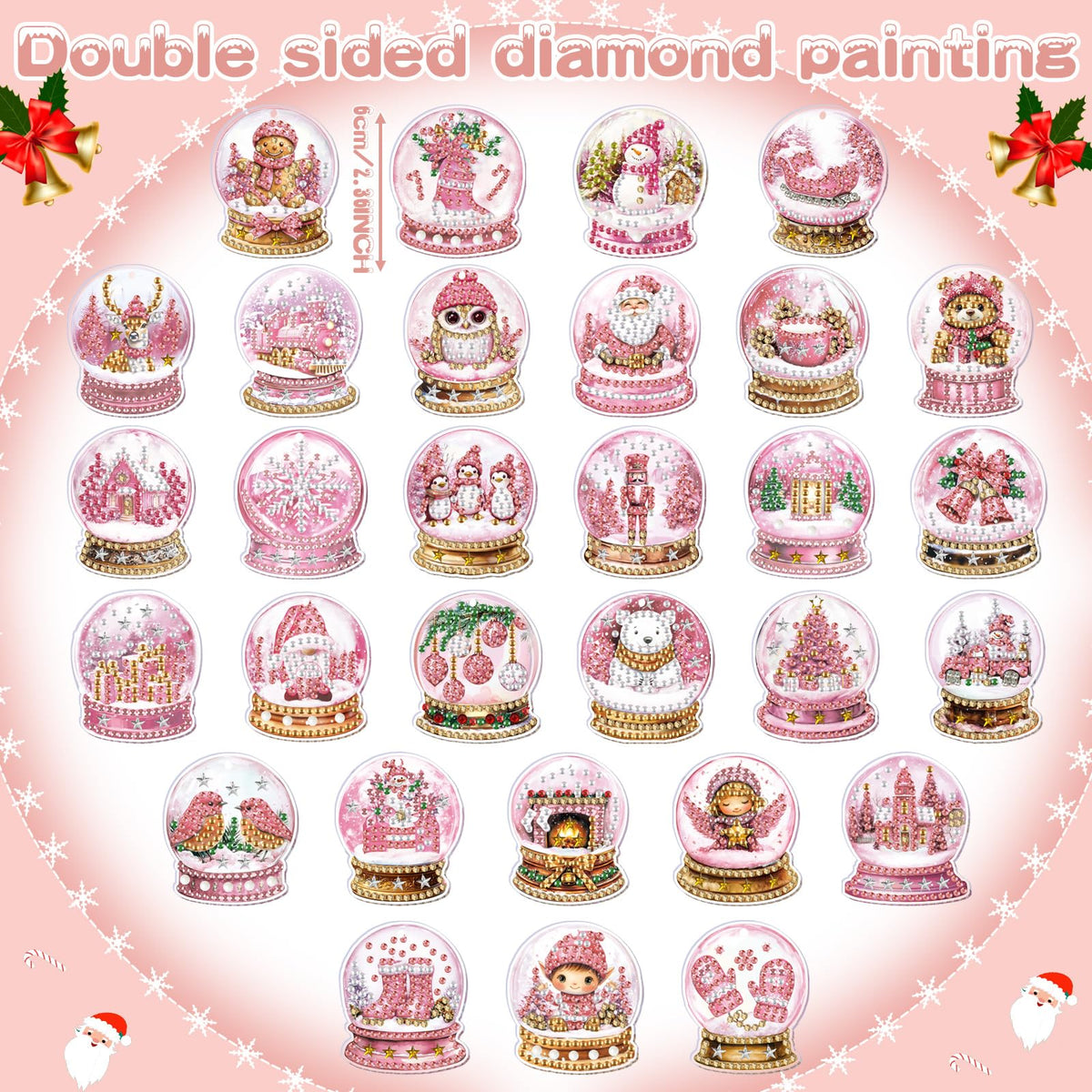 WILLBOND 30 Pcs Pink Crystal Ball Diamond Art Kits for Adults Pink Snowflake Gnome Diamond Painting Ornaments DIY Double Sided Keychain Kits Christmas Winter Key Ring Art Pendant Xmas Tree Decor