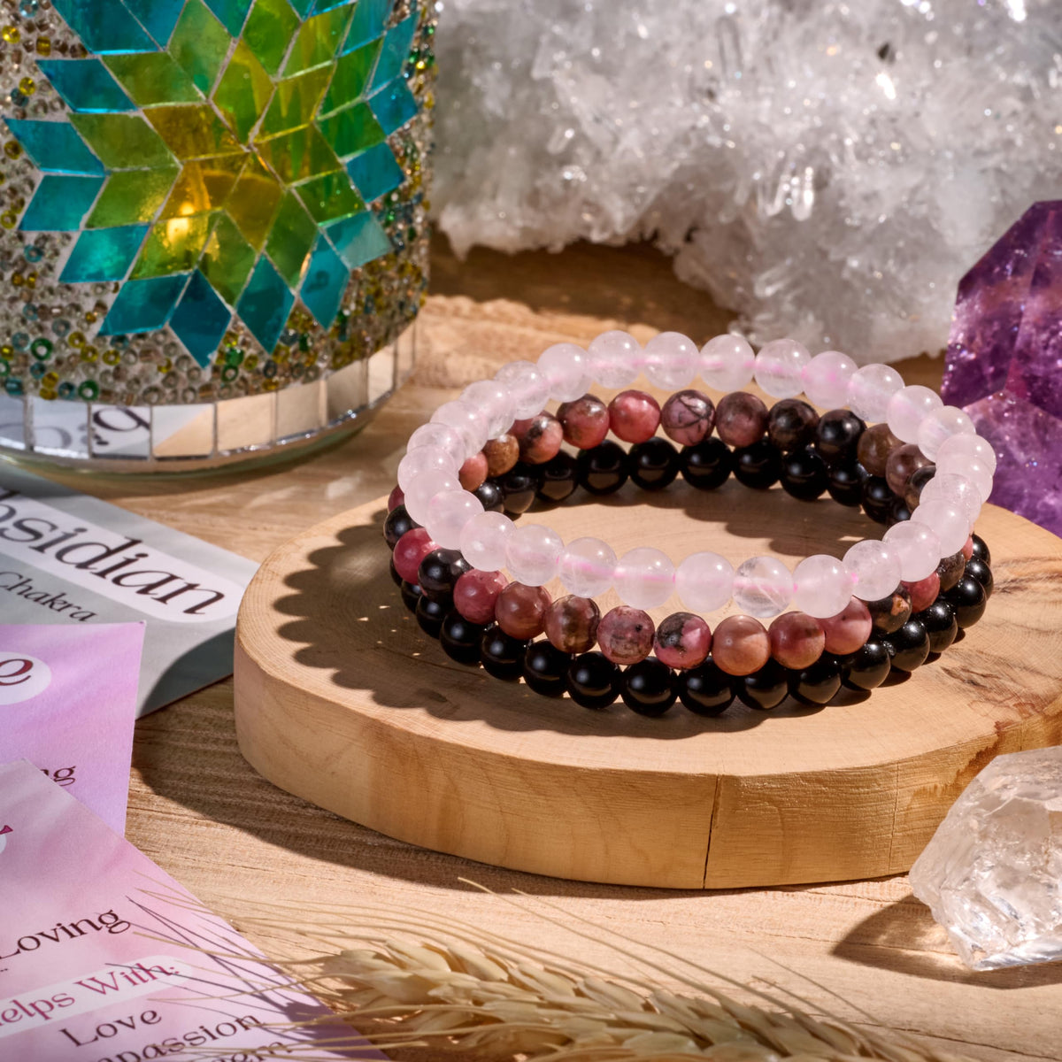 Bivei 3-Piece 4mm Beaded Bracelets for Women – Rhodonite, Rose Quartz, Black Obsidian – Handmade Natural Crystal Stretch Elastic Jewelry for Meditation, Yoga, Protection Gifts