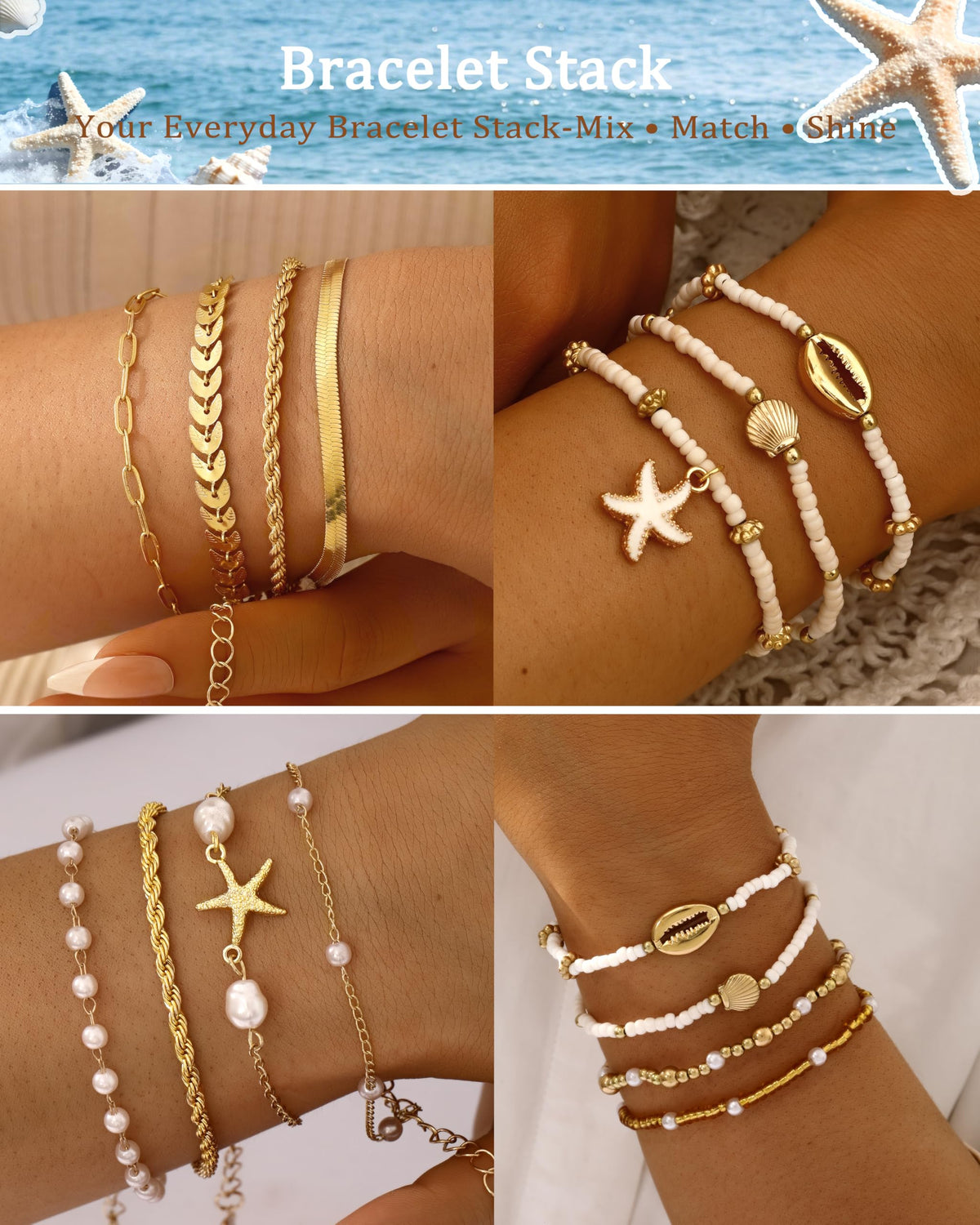 FAXHION Boho Gold Beaded Bracelets for Women, Starfish & Shell Pendant Bracelet Stack, Gold Bracelet Set Summer Beach Jewelry Gifts