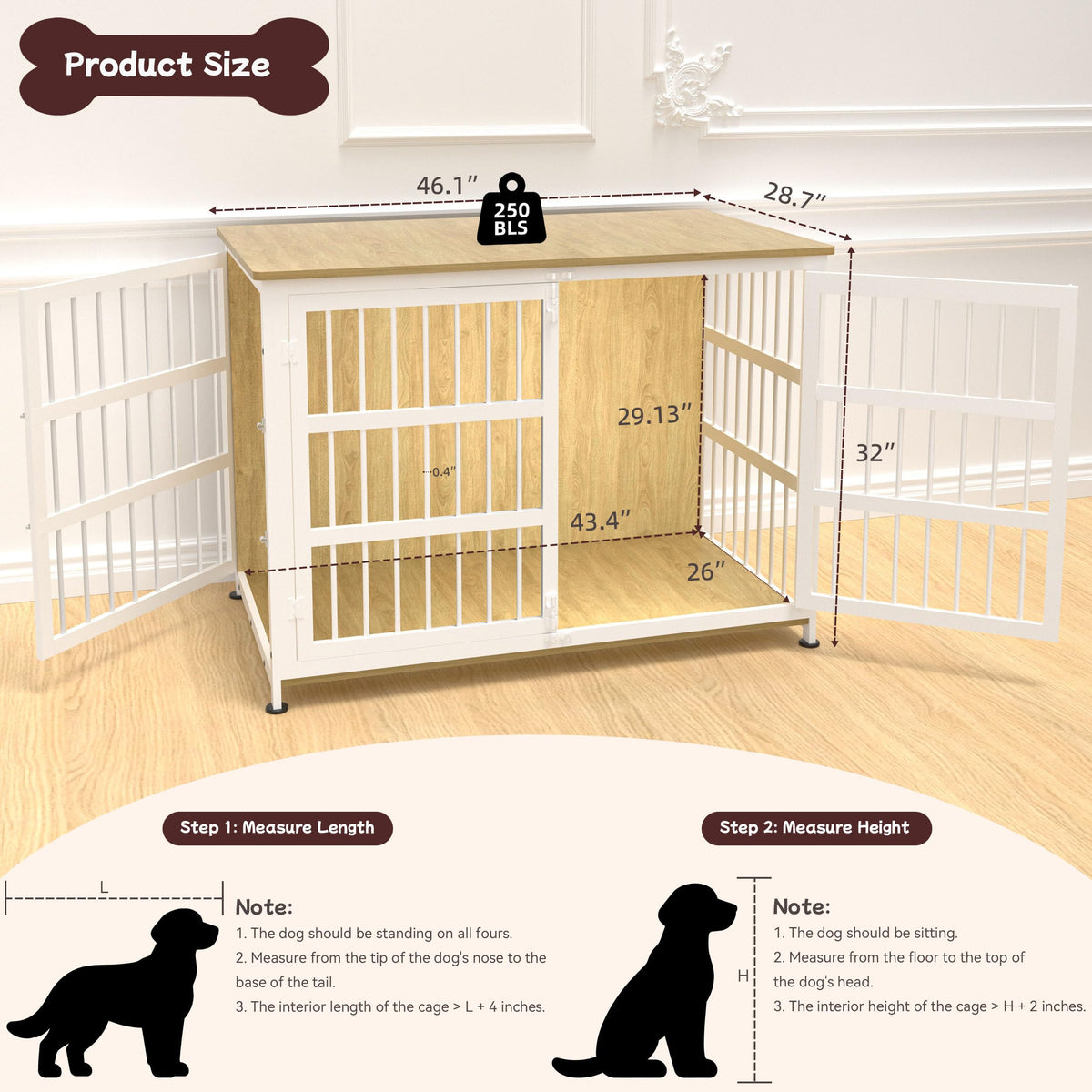 CABZOON 46'' Dog Crate Furniture Large Breed Dog Crate Dog Kennels for Inside Wooden Dog Crates End Table Heavy Duty Indoor Combination Cage for Medium to Large Dogs Oak
