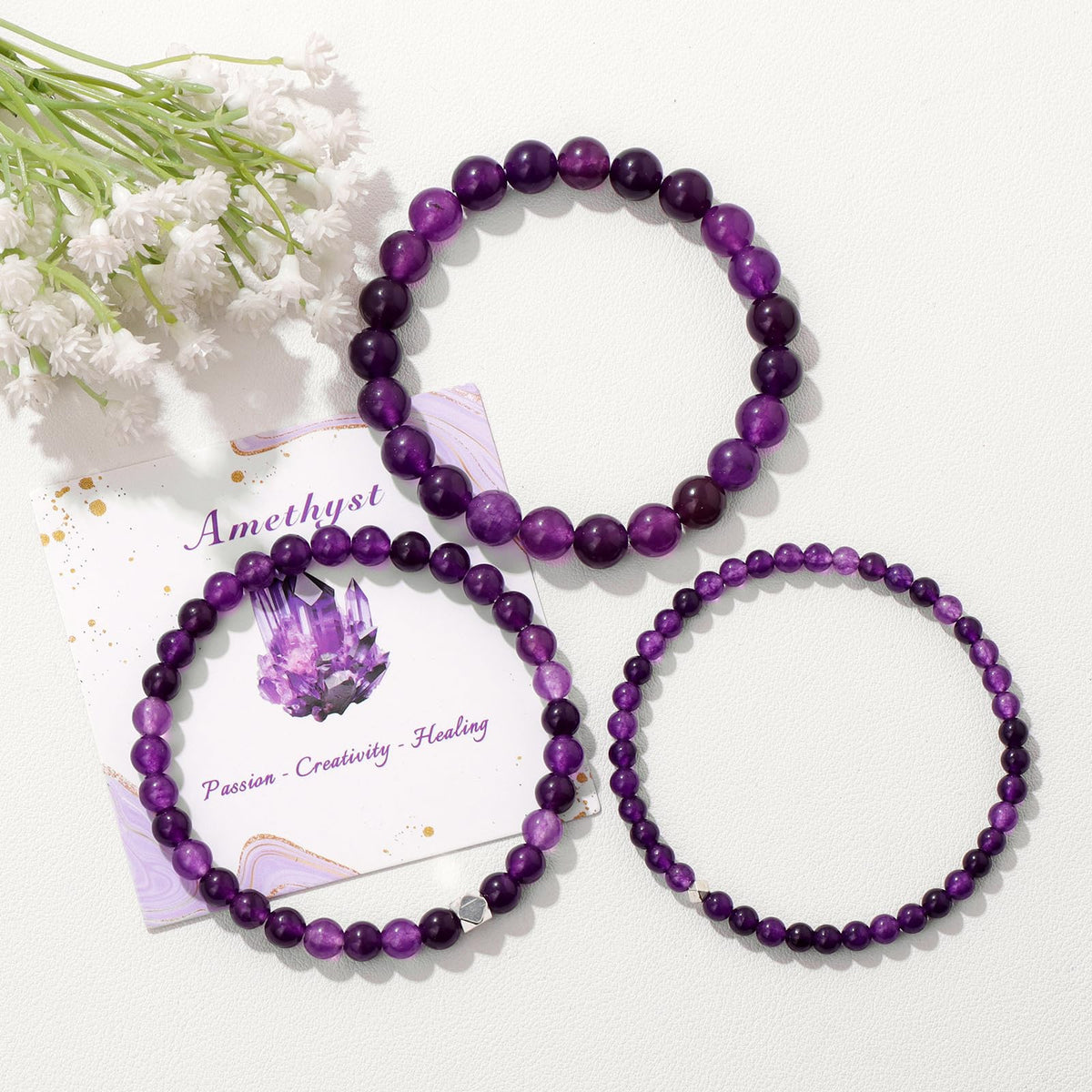 Raicegs 4MM Amethyst Beaded Bracelets Healing Crystal Bracelet for Women Men Natural Stone Handmade Stretch Bracelet Reiki Spiritual Jewelry