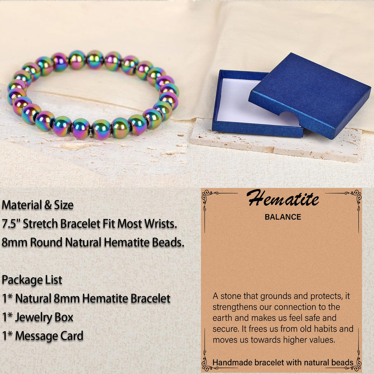 LPBeads Handmade Natural Gemstone Stretch Elastic 8mm Rainbow Coated Hematite Bracelet Healing Crystal Round Stone Beads Jewelry Gifts for Women Men