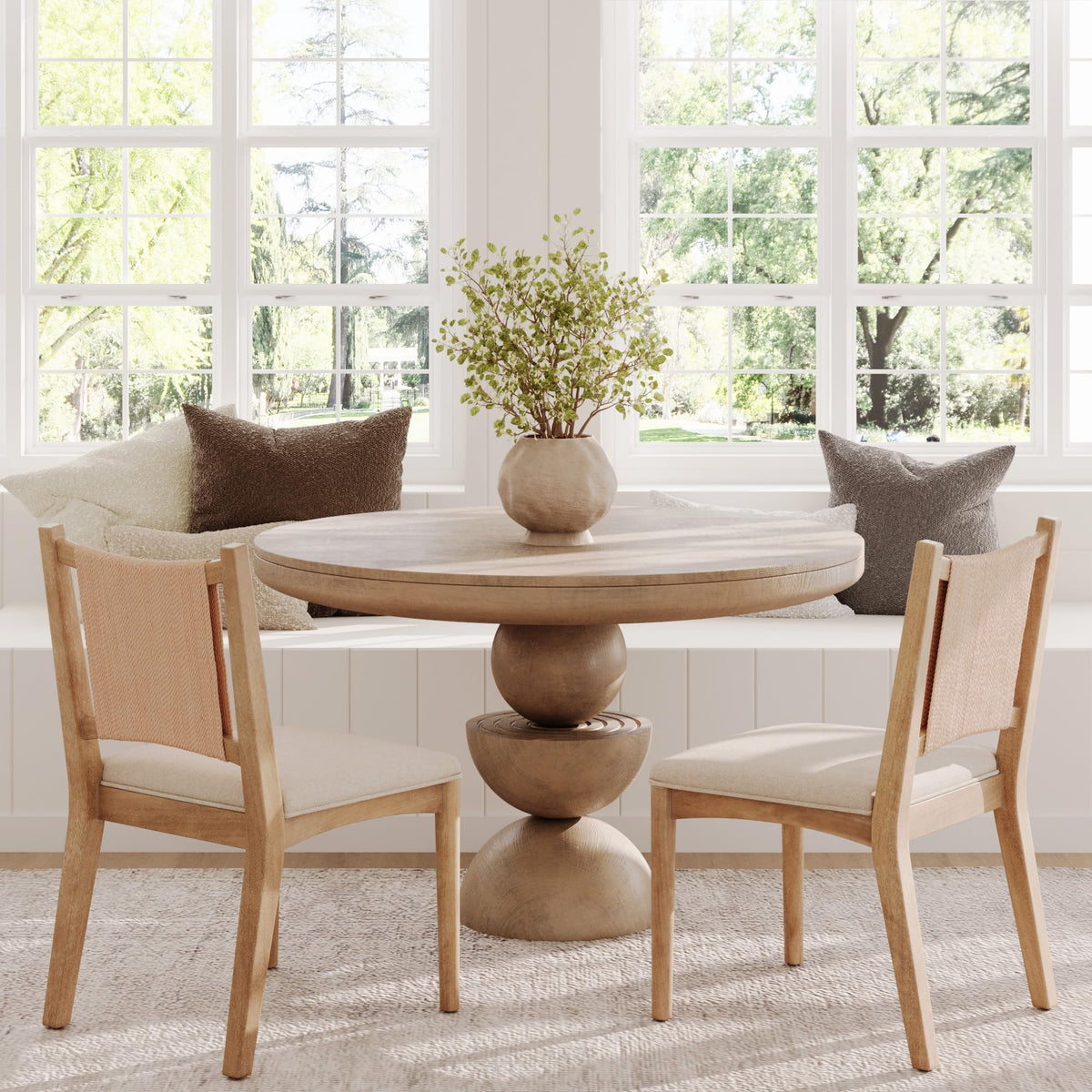 Nathan James Elodia Upholstered Dining Chair with Seagrass Back Solid Wood Modern Dining Room Chair with Natural Flax Upholstery, Light Brown