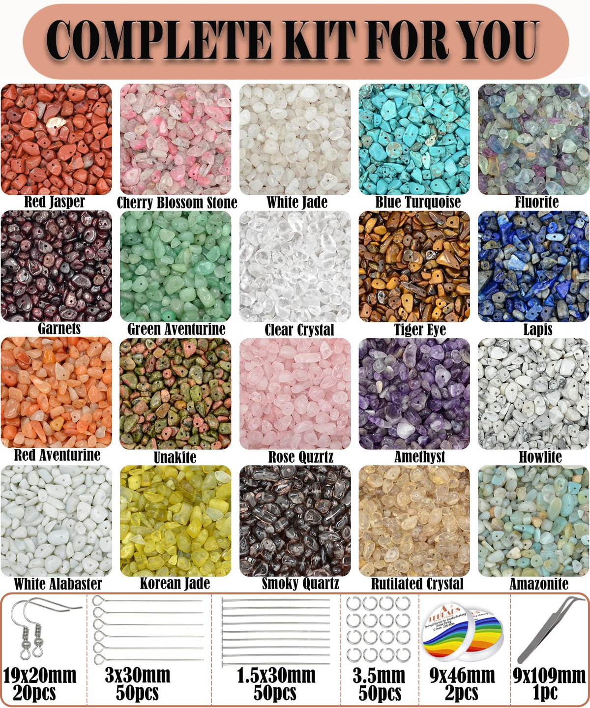 LPBeads Jewelry Making Kit 1200 PCS Natural Crystal Beads in 20 Colors Gemstone, Jump Rings, Earring Hooks, Pins, Elastic Bracelet String for Women and Adults