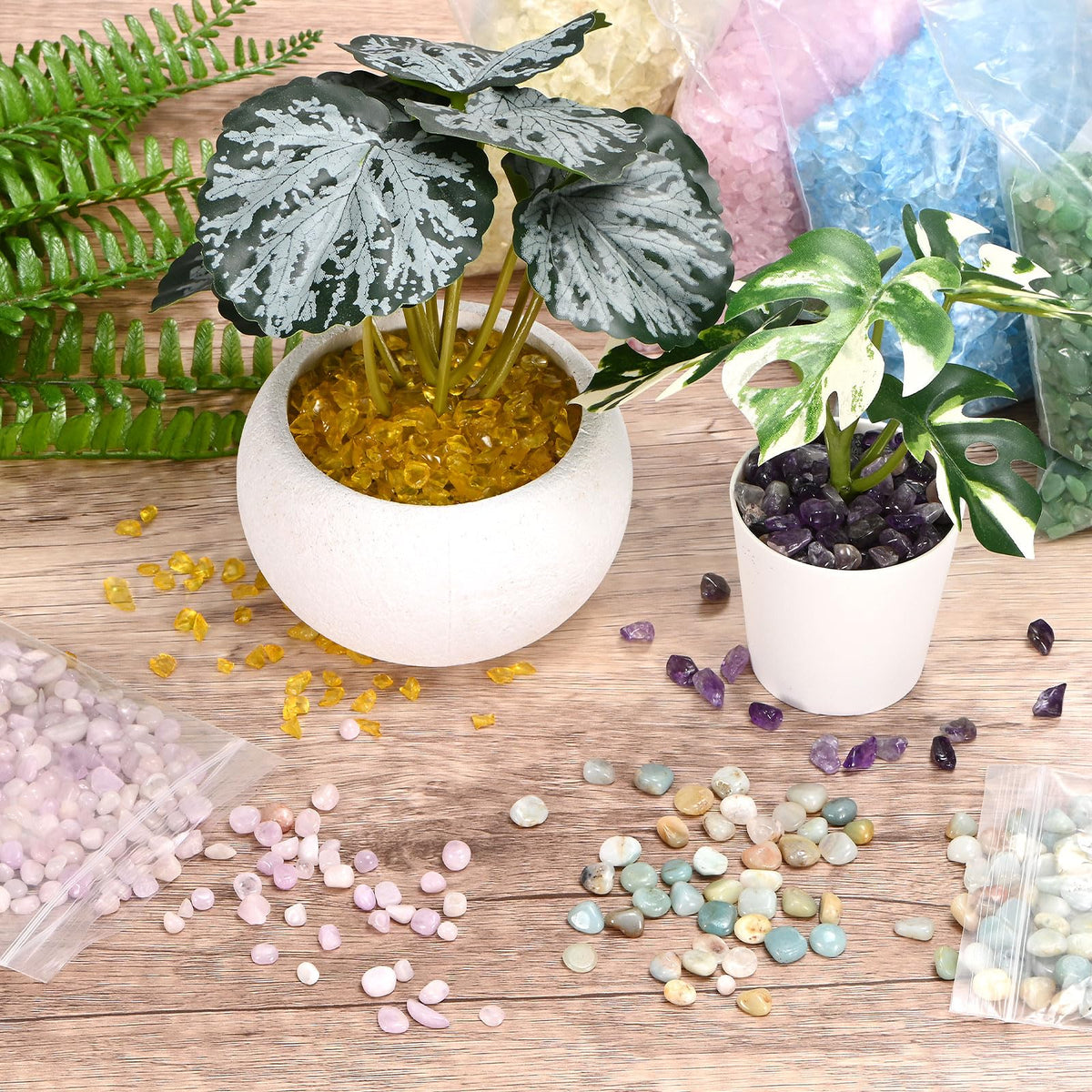 M METERXITY 1.1lb/500g Assorted Tumbled Chips Stone, 5-7 mm Crushed Crystal Quartz Pieces for Vases Filler/Aquarium/Succulent Plants Decor, Irregular Shaped Stones [Light Yellow]