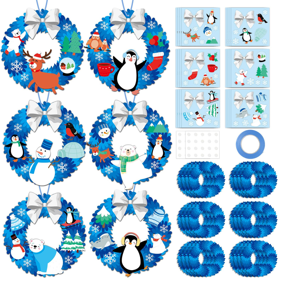 24 Sets Winter Crafts for kids DIY Christmas Wreath Ornaments Decorations Winter Classroom Hanging Ornaments Penguin Snowman Stickers Paper Arts and Crafts for Kids Holiday Home Classroom Activities
