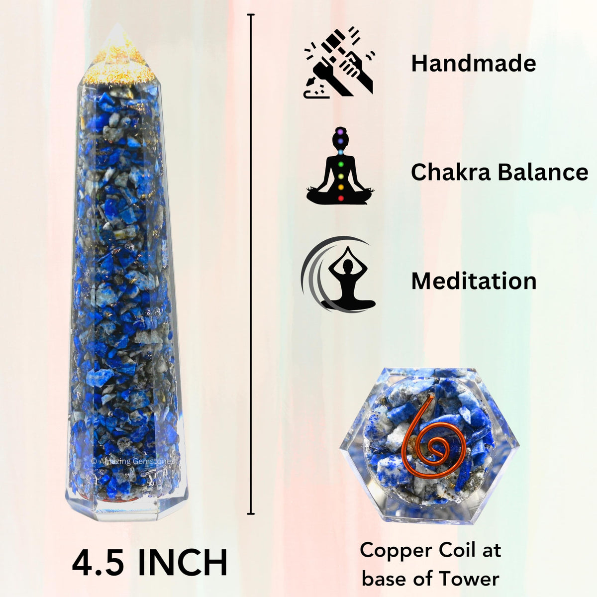 Amazing Gemstone Lapis Lazuli Orgonite Orgone Crystal Towers - Large 4.5" Orgonite Crystal Wand Obelisk Tower Point for Meditation, Crystals and Healing Stones Gift and Protection