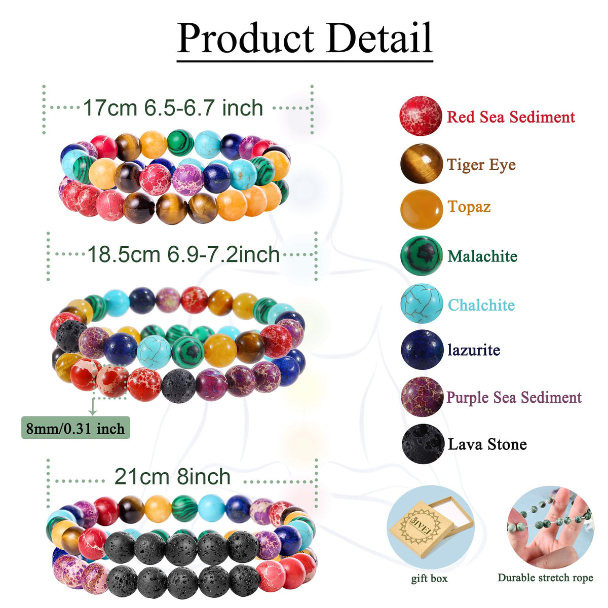 Bivei Natural Gemstone Semi Precious Healing Crystals Handmade Stretchy Round Beads Bracelet, Enhance Positive Energy(Chakra Bracelet (Inner Balance) Small)