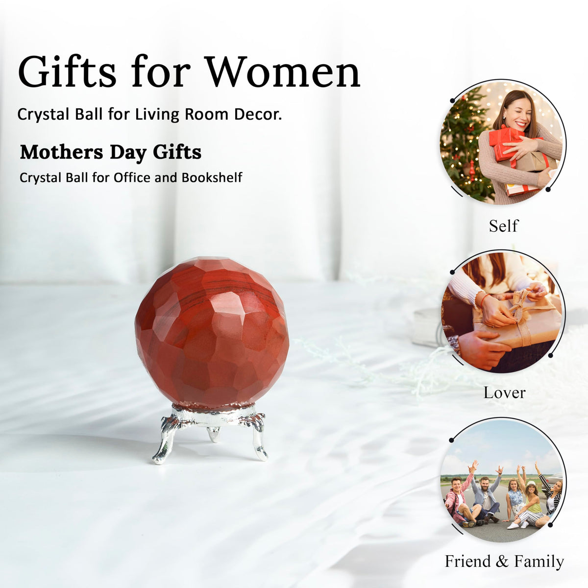 Crocon 50mm Red Jasper Diamond Cut Stone Sphere Ball with Metal Stand 1400+ Carats Gemstone Ball Healing Ornament Rock Sphere Sculpture Figurine for Fengshui Divination Crystal Home Decor Photography