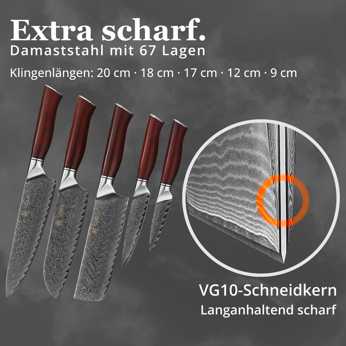 Wakoli Rose Elegance Knife Block Set – 5-Piece Professional Damascus Kitchen Knife Set with Magnetic Block – 67-Layer Damascus Steel with VG10 Core, Ergonomic Rosewood Handles in Gift Box