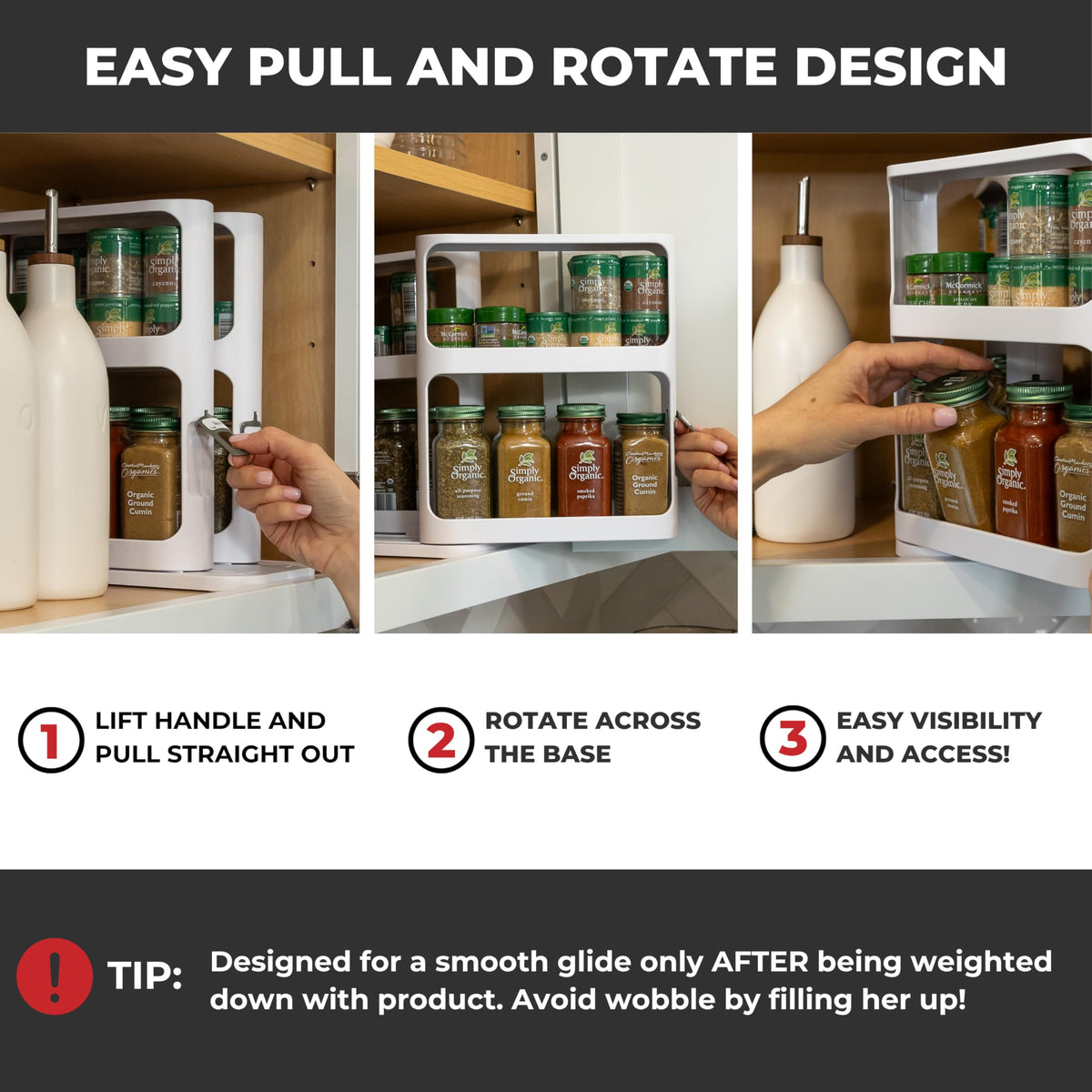 Cabinet Caddy Spice Rack Organizer for Cabinet - Slide & Rotate Kitchen Organizers and Storage - 2 Double-Decker Shelves - Non-Skid Base - Magnetic Modular Design - 10.8" H x 5.25" W x 10.8" D
