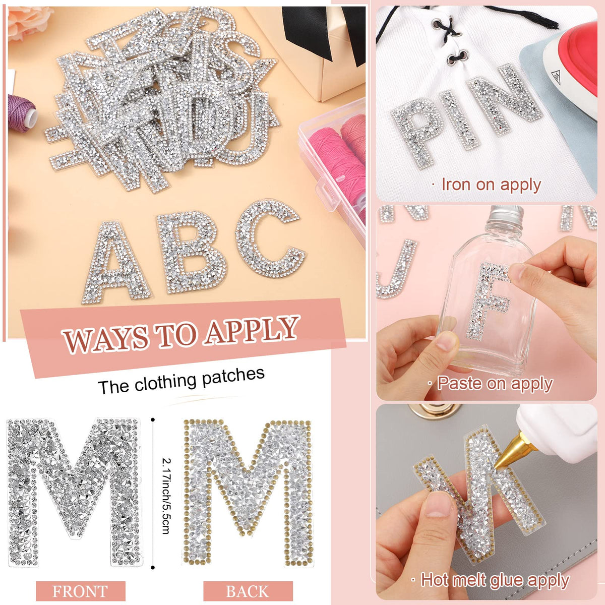 Waydress 26 Piece Rhinestone Iron On Patch A-Z Pearl Bling Rhinestone Letter Patch Glitter Alphabet Applique Rhinestone Pearl English Letter for DIY Craft Supplies(Silver, Solid Style)
