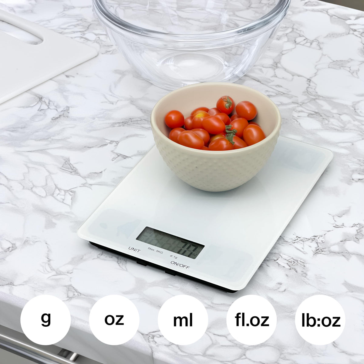 Glass Platform Digital Kitchen Scale - for Food Coffee Lab - LCD Display gram Ounces lb:oz fl.oz ml - 11 LB/5 KG Capacity - Battery Included - White by The Display Guys