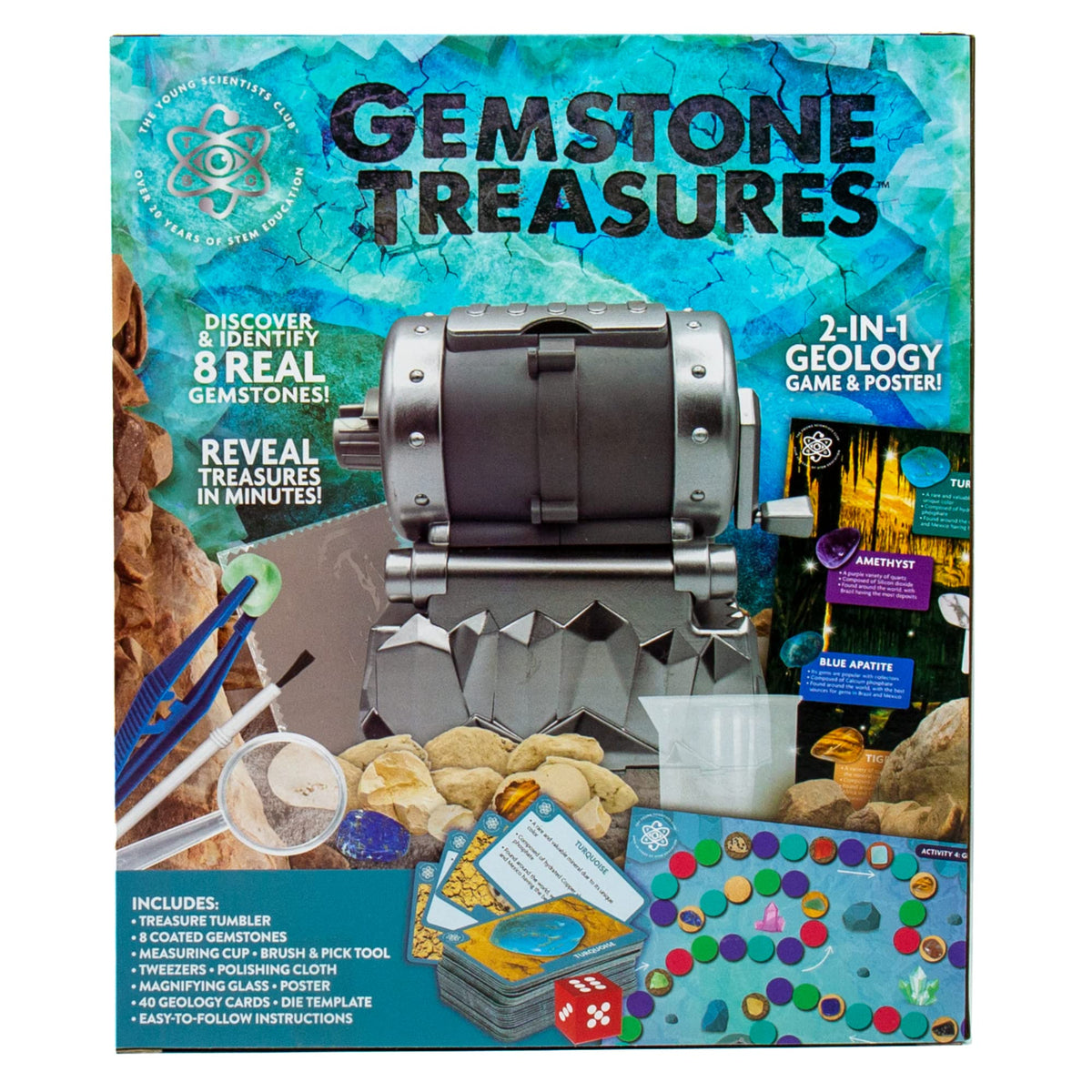 The Young Scientists Club Gemstone Treasures, Tumble & Polish Your Own Gemstones, DIY Rock Tumbler, Collect & Identify Gems, Great STEM Kit for Kids Ages 6, 7, 8, 9, Multi