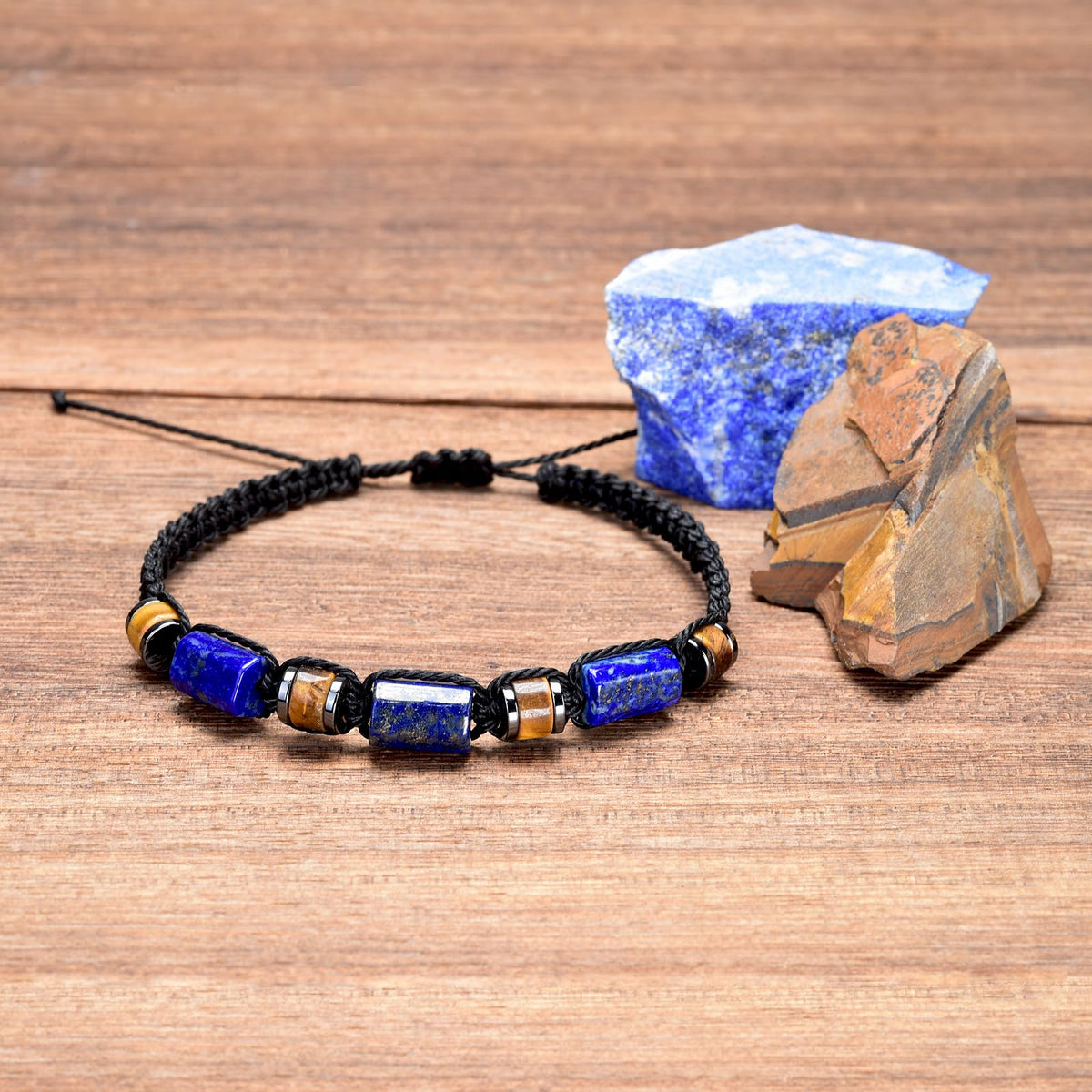Senxilk Lapis Lazuli & Tiger's Eye Adjustable Bracelet for Men - Natural Stone Beaded Black Cord Jewelry Gifts for Him, Son, Teens | Birthday Father's Day Christmas
