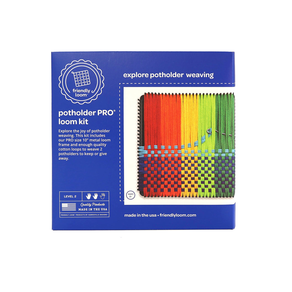 Harrisville Designs Friendly Loom Potholder Pro Weaving Kit | 10”x10” Sturdy Metal Loom and Quality Cotton Weaving Loops | Complete Kit to Weave 2 Large, Durable Potholders | Made in the USA