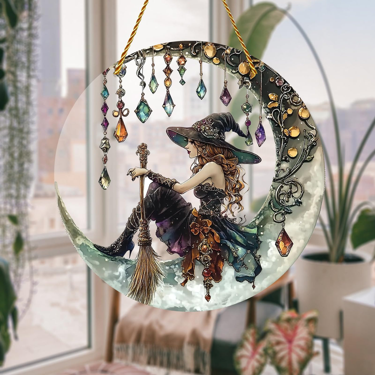 8x8 inch Charming Moonlight Witch Acrylic Stained Glass Window Hanging Sun Catcher Decor Stained Panel Hangings Wall Art Decor, for Friends and Family (Moonlight Witch)
