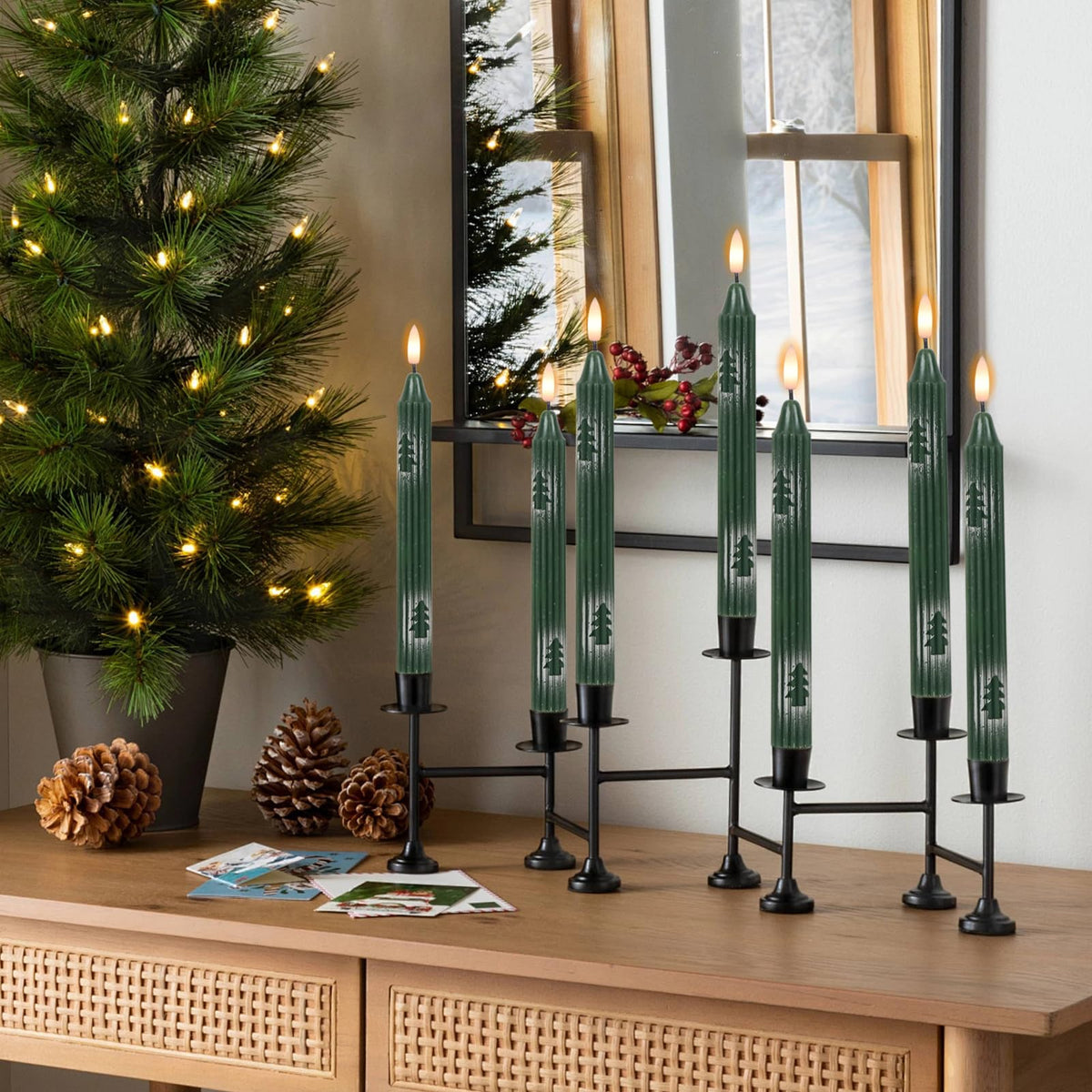 Wondise Christmas Flameless Taper Candles with Remote and Timer, Battery Operated 3D Wick Real Wax LED Candles with Painted Christmas Tree 6 Packs for Christmas Holiday Decor(0.78 x 9.45 Inch)