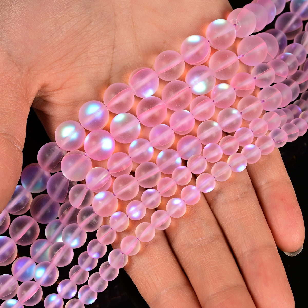 10mm Matte Pink Mermaid Aurora Crystal Glass Bead, Glitter Round Synthetic Moonstone Beads for Jewelry Making Bracelets