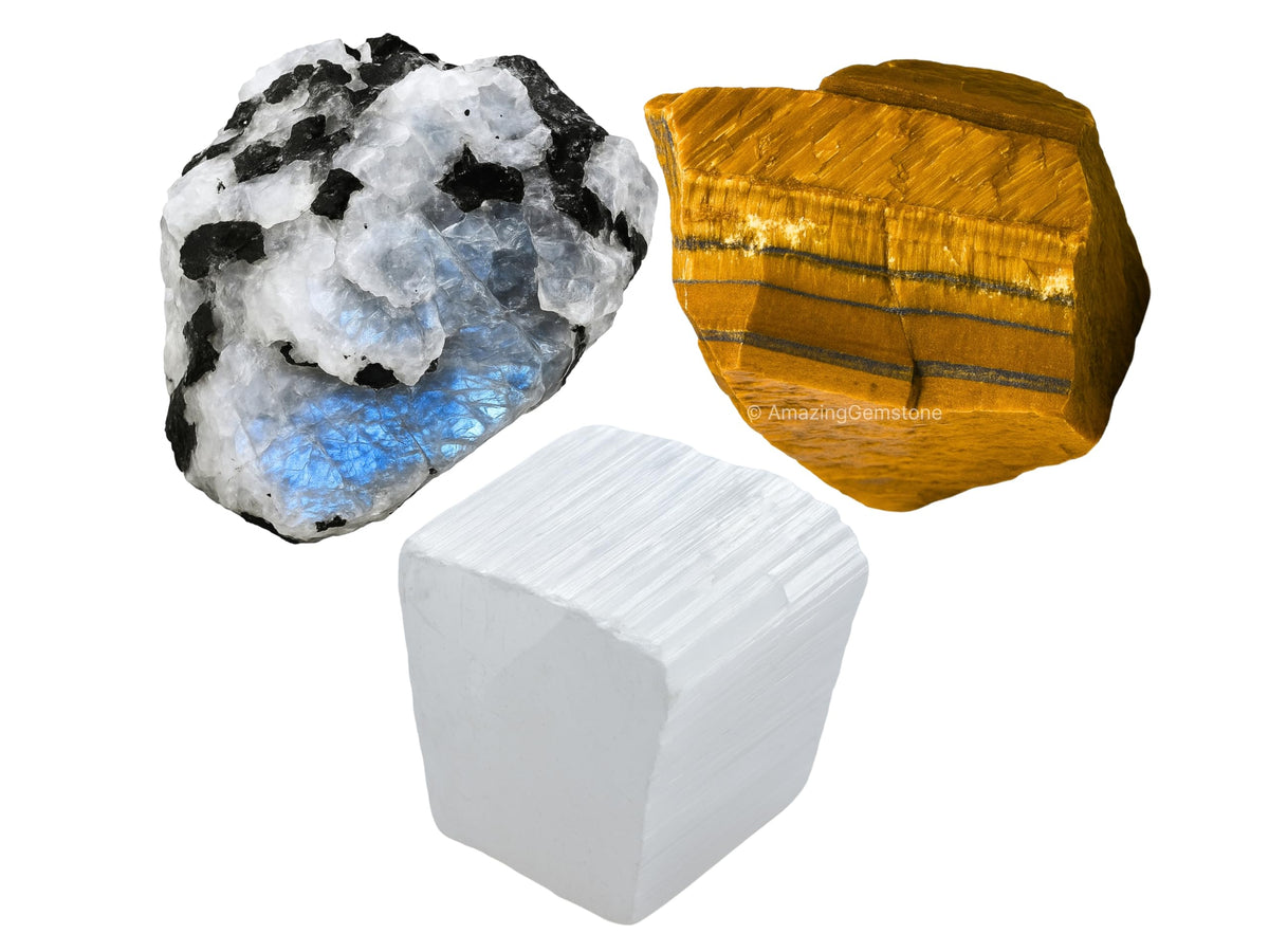 Amazing Gemstone Cancer Zodiac Healing Crystal Set, Pack of 3 Crystals Raw Stones Astrology Gifts for Women