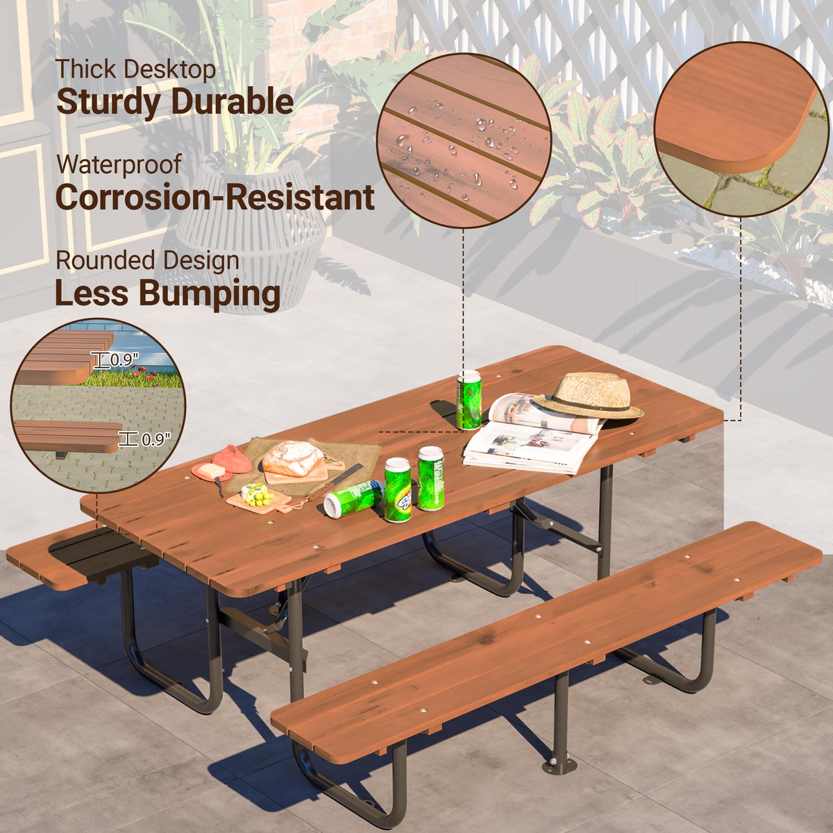 VroomAuto Outdoor Picnic Table for 6 with Benches, 72 Inch Rectangular Waterproof Wooden Dining Set, Heavy Duty for Garden Backyard Patio BBQ