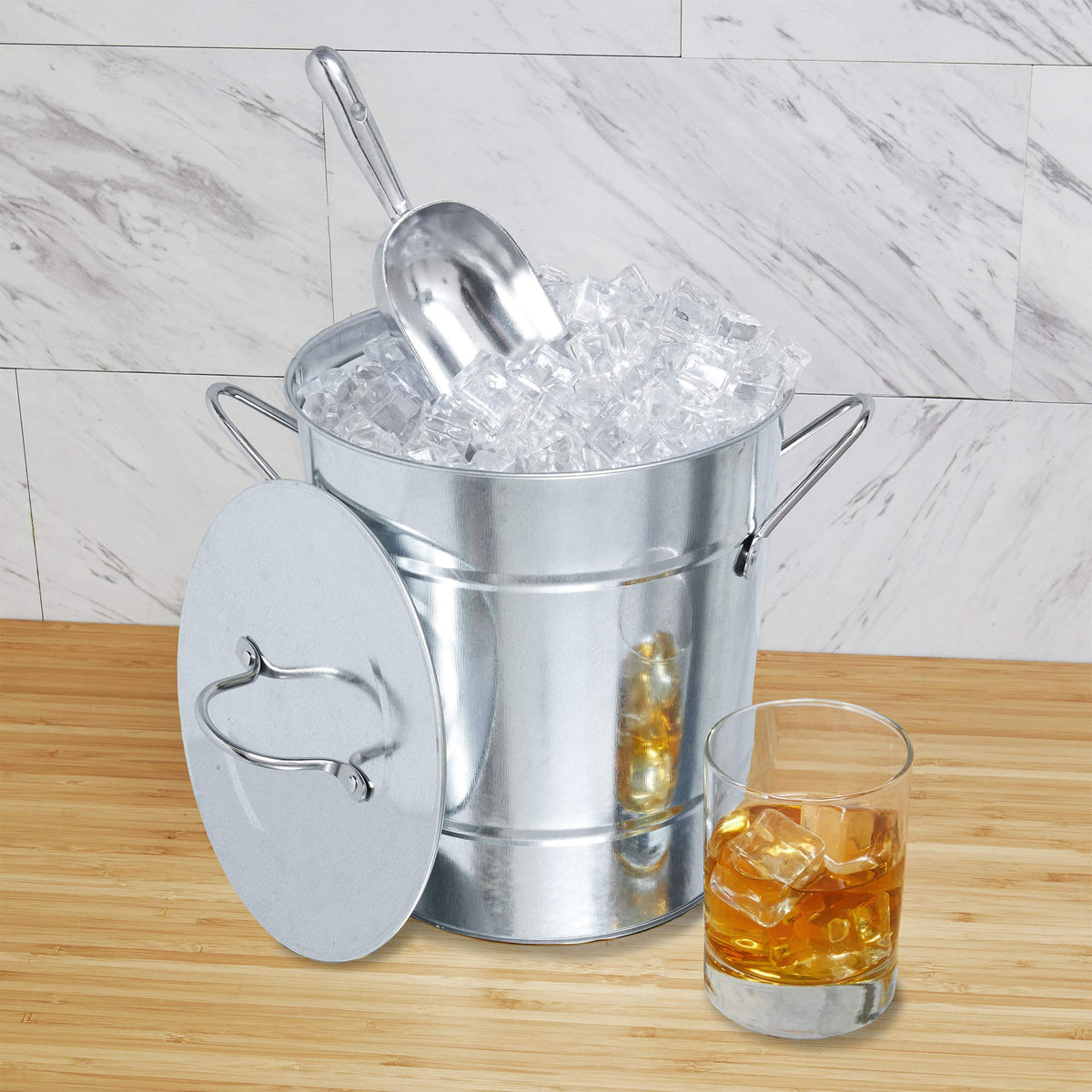 Twine Insulated Ice Bucket with Lid, Scoop & Handles for Beer, Wine, Champagne, Beverages, 1 Gal Galvanized Metal Bucket, Steel Ice Container for BBQs, Indoor & Outdoor Party Supplies, Bar Accessories