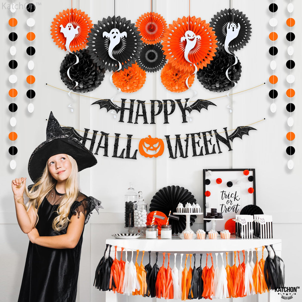 KatchOn, Hanging Halloween Decorations Set - Pack of 17 | Glittery Happy Halloween Banner, Garlands, Ghost Hanging Swirls, Orange Pumpkin, Paper Fan, Spooky | Halloween Decor Hanging Swirls