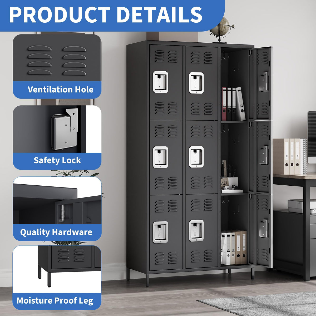 GAOMON 9 Doors Employee Lockers for Office, Metal Sorage Locker Combination, Lockable Employees Metal Locker with Door, Industrial Storage Lockers for Home, School, Gym (9 Doors)