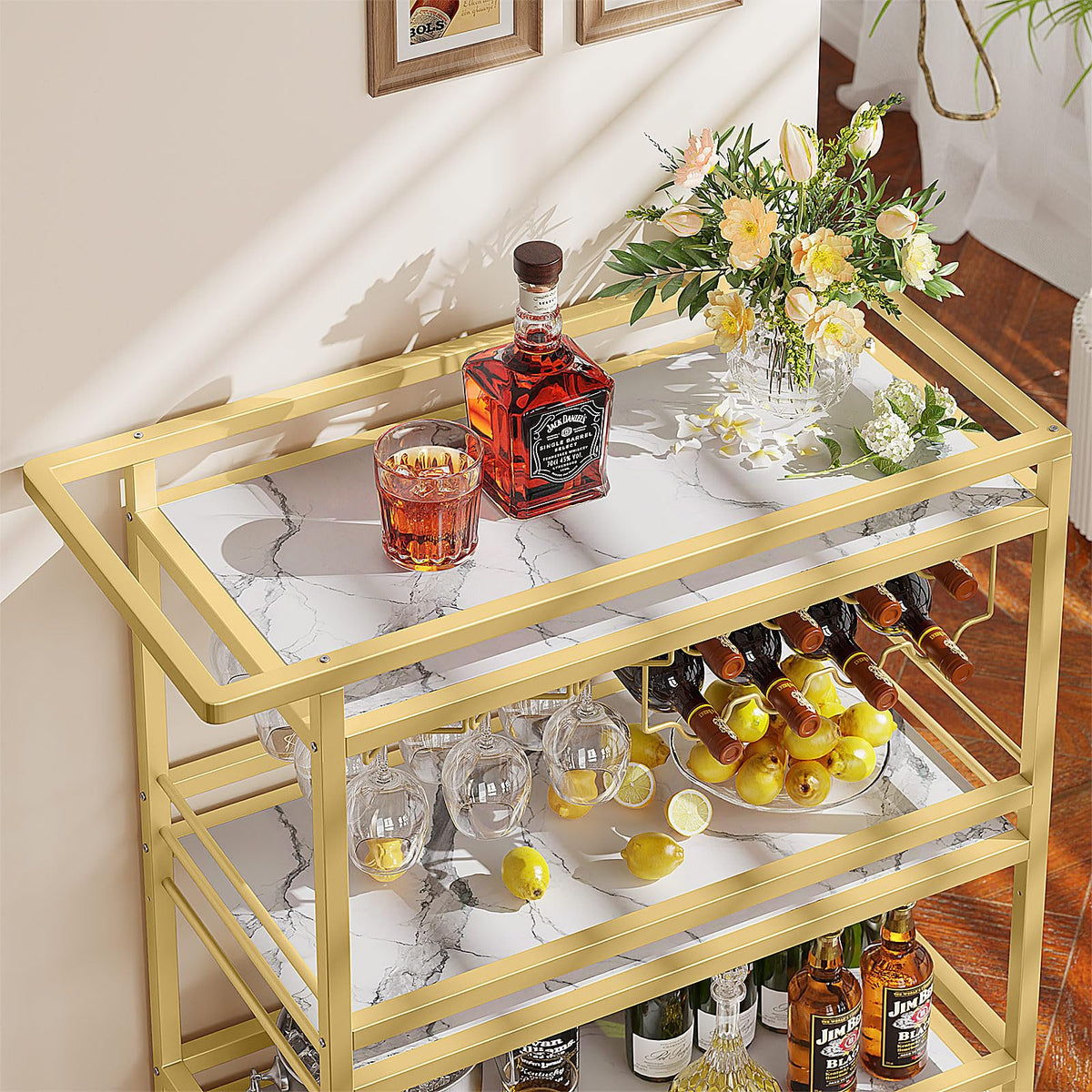 Leteuke Bar Cart for Home, 3 Tier Gold Serving Rolling Carts with Wheels, Drink Cart, Liquor Stand with Marbled Wooden Shelves, Wine Rack and Glass Holder for Kitchen, Dining Room