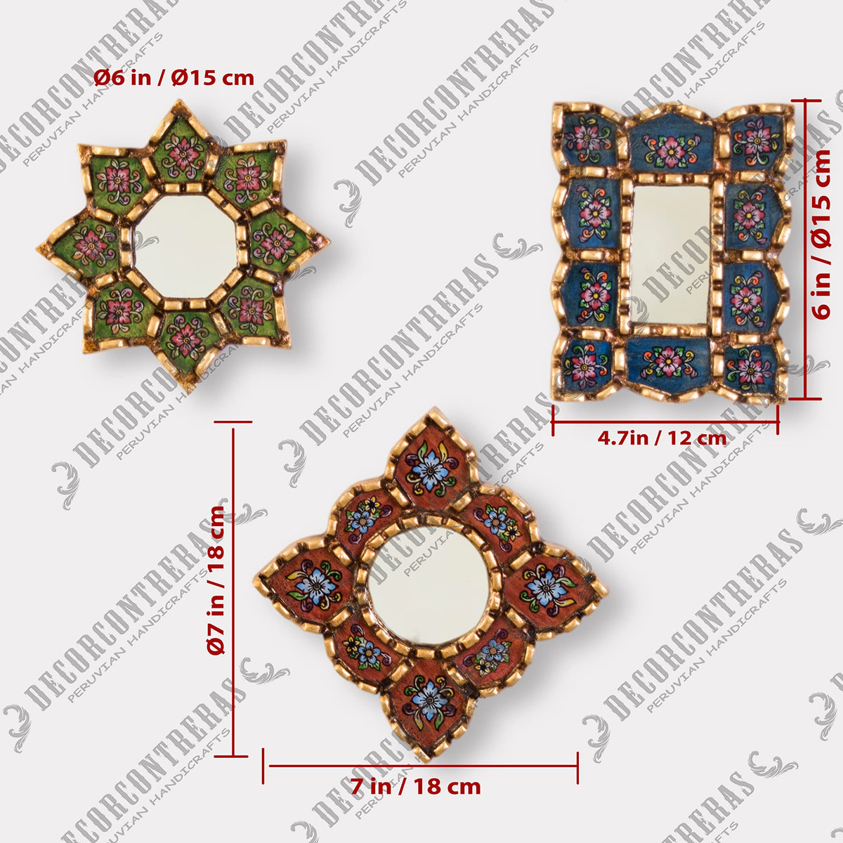 DecorContreras Peruvian Mirror Set of 3 – Handmade Painted Glass Mirror Wall Decor in Green, Red and Blue
