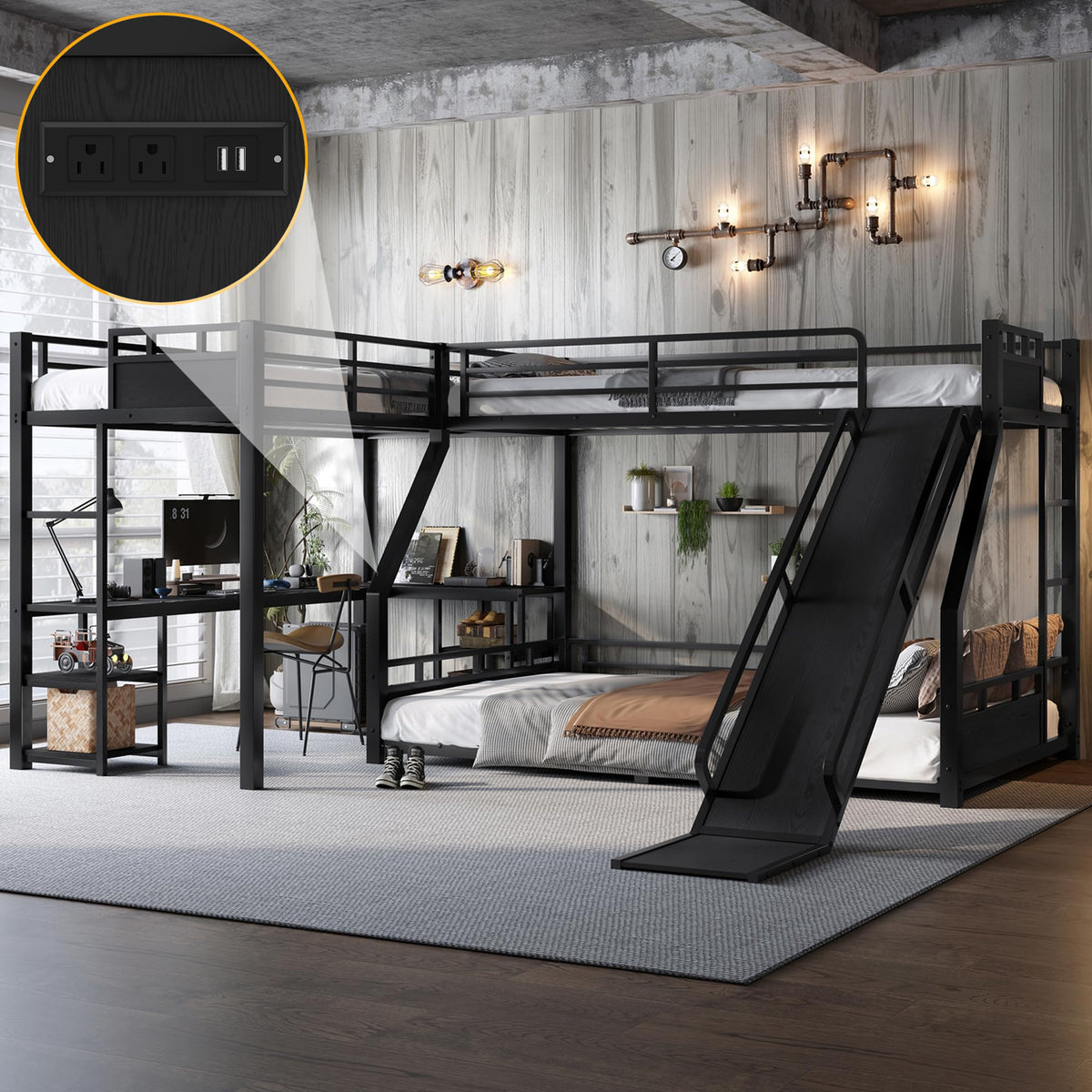 Metal Twin XL Over Queen Bunk Beds with Twin XL Loft Bed, Heavy Duty Triple Bunk Bed Frame with Slide and Desk,L-Shaped Triple Bunk Beds with Storage Shelves for 3 Kids,Black